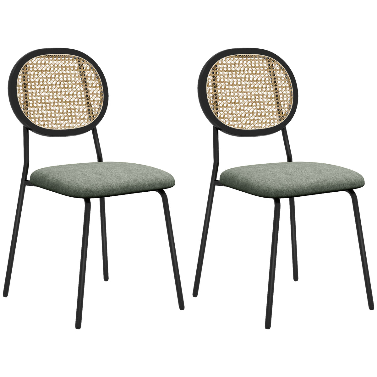 Conjunto de 2 Cadeiras de Sala de Jantar Cadeiras de Cozinha com Encosto em Vime Sintético e Estrutura de Aço para Sala de Jantar 44x54x87 cm Verde Escuro e Preto — foto 1