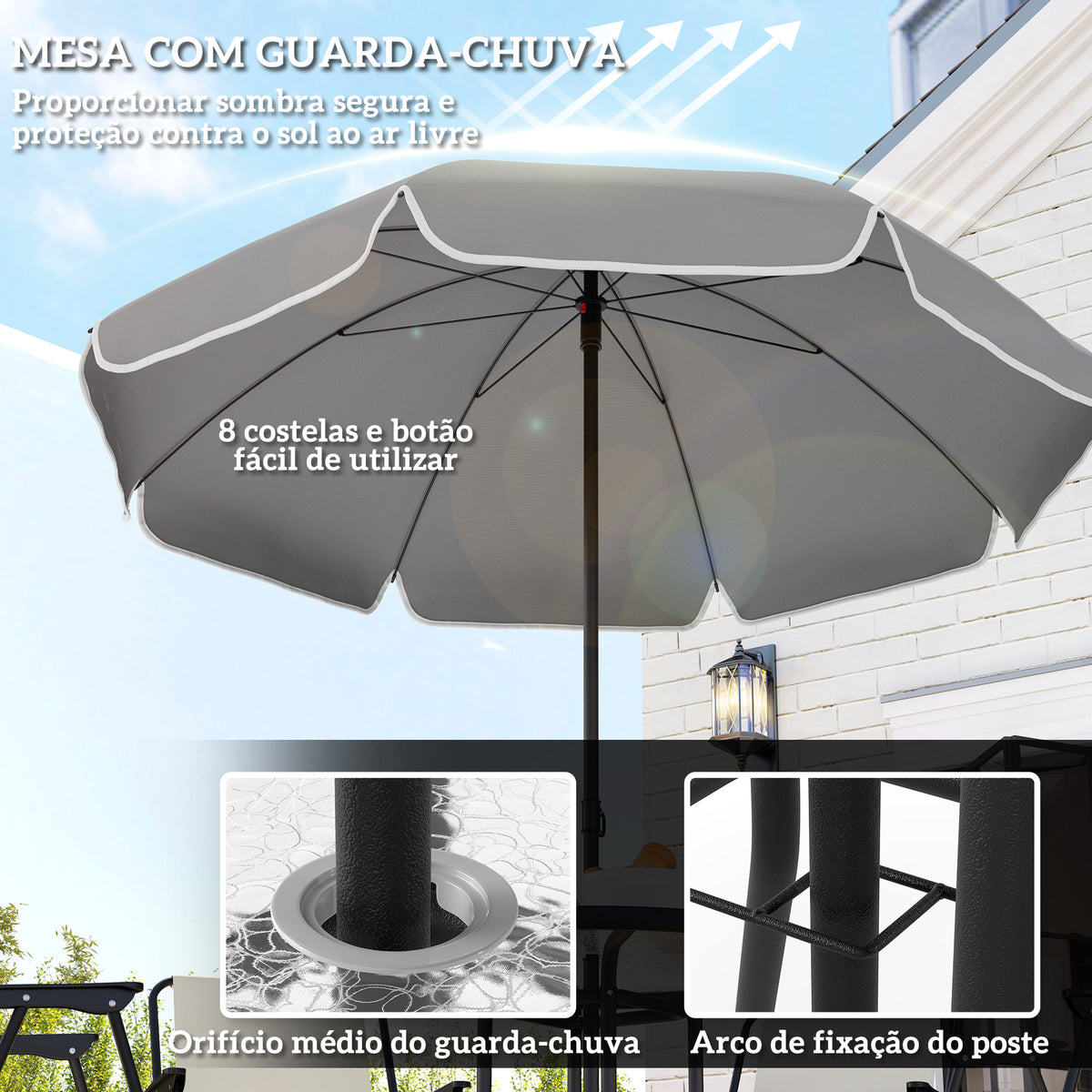 Conjunto de Mesa e Cadeiras de Jardim de 6 Peças Móveis de Jardim Exterior com 4 Cadeiras Dobráveis Mesa de Vidro e Chapéu de Sol para Terraço Pátio Creme — foto 4