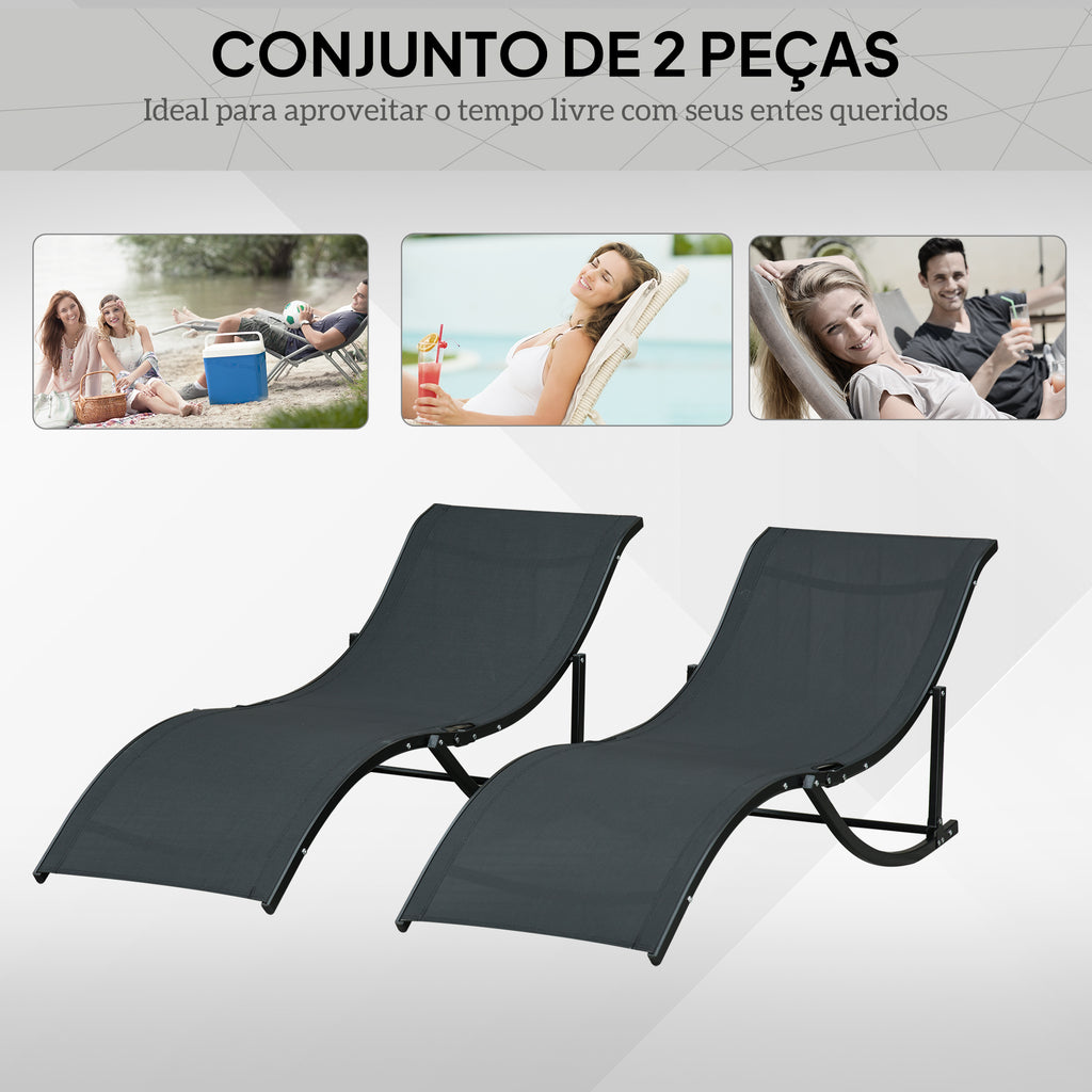 2 espreguiçadeiras dobráveis ​​ergonômicas em forma de S com estrutura de alumínio Textilene para piscina terraço jardim 165x61x63 cm Preto — foto 7
