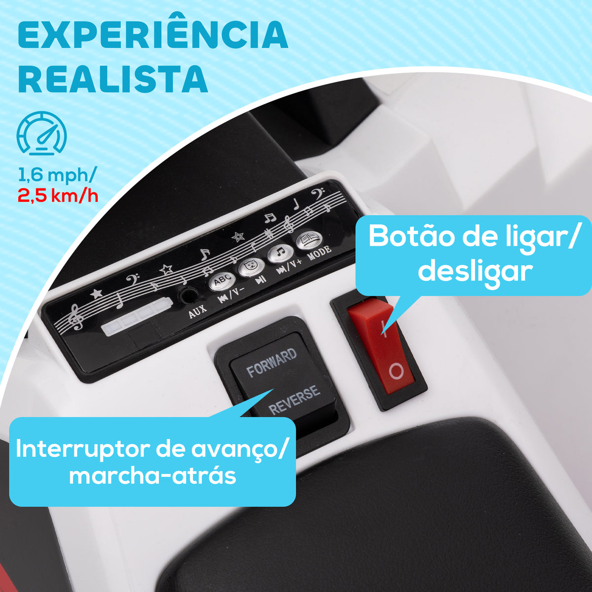 Quadriciclo Elétrico para Crianças 18-36 Meses Veículo Elétrico a Bateria de 6V com Velocidade 2,5 km/h Avanço e Marcha Atrás 70x41,5x48,5 cm Branco — foto 5
