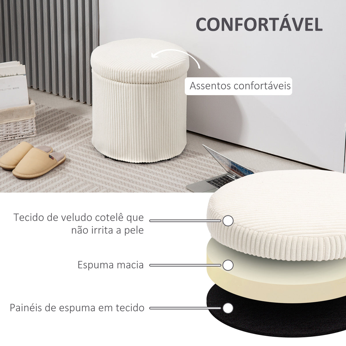 Puff de Arrumação Baú de Arrumação Redondo Estofado em Veludo Cotelê Assento Acolchoado Tampa Removível para Corredor Quarto Sala Ø40x41 cm Creme — foto 5