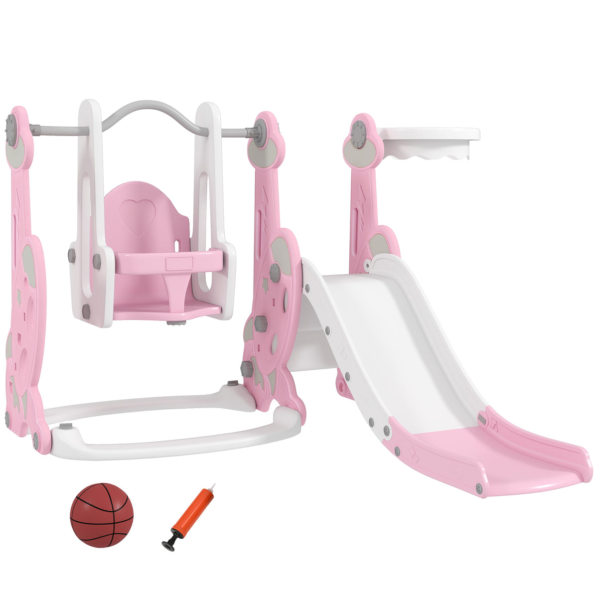 Escorrega Infantil 4 em 1 Parque Infantil com Baloiço e Escorrega Escalador Cesto de Basquetebol Temática de Foguete para Interior 147,5x160x107 cm Rosa — foto 1