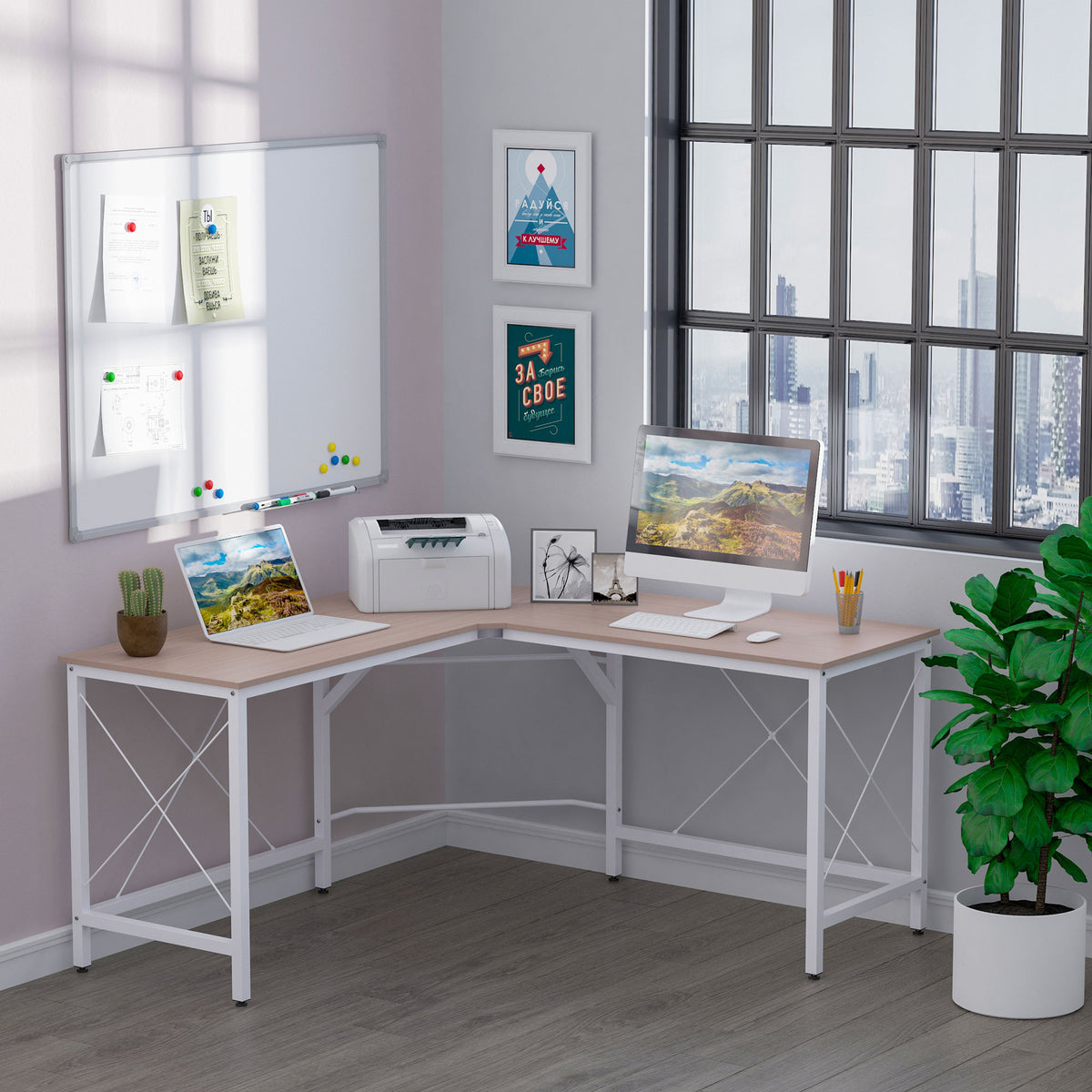 Secretária em Forma de L Secretária para Escritório com Estrutura de Metal Carga 70 kg Secretária de Canto para Escritório Estúdio 150x150x76 cm Madeira e Branco — foto 2
