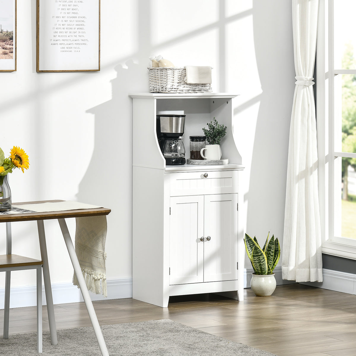 Móvel Auxiliar de Cozinha Móvel para Micro-Ondas Aparador de Cozinha com Gaveta Prateleira 2 Portas Compartimento Desenho Anti-Tombo para Sala de Jantar 60x40x122,5 cm Branco — foto 2