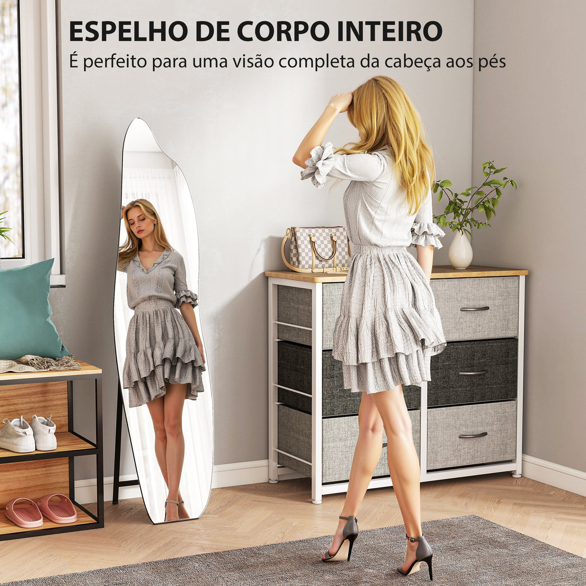 Espelho de Pé 160x40 cm sem Moldura Espelho de Corpo Inteiro Forma Irregular com Suporte Metálico Montagem no Chão ou Apoiado na Parede para Sala Entrada e Quarto Preto — foto 4