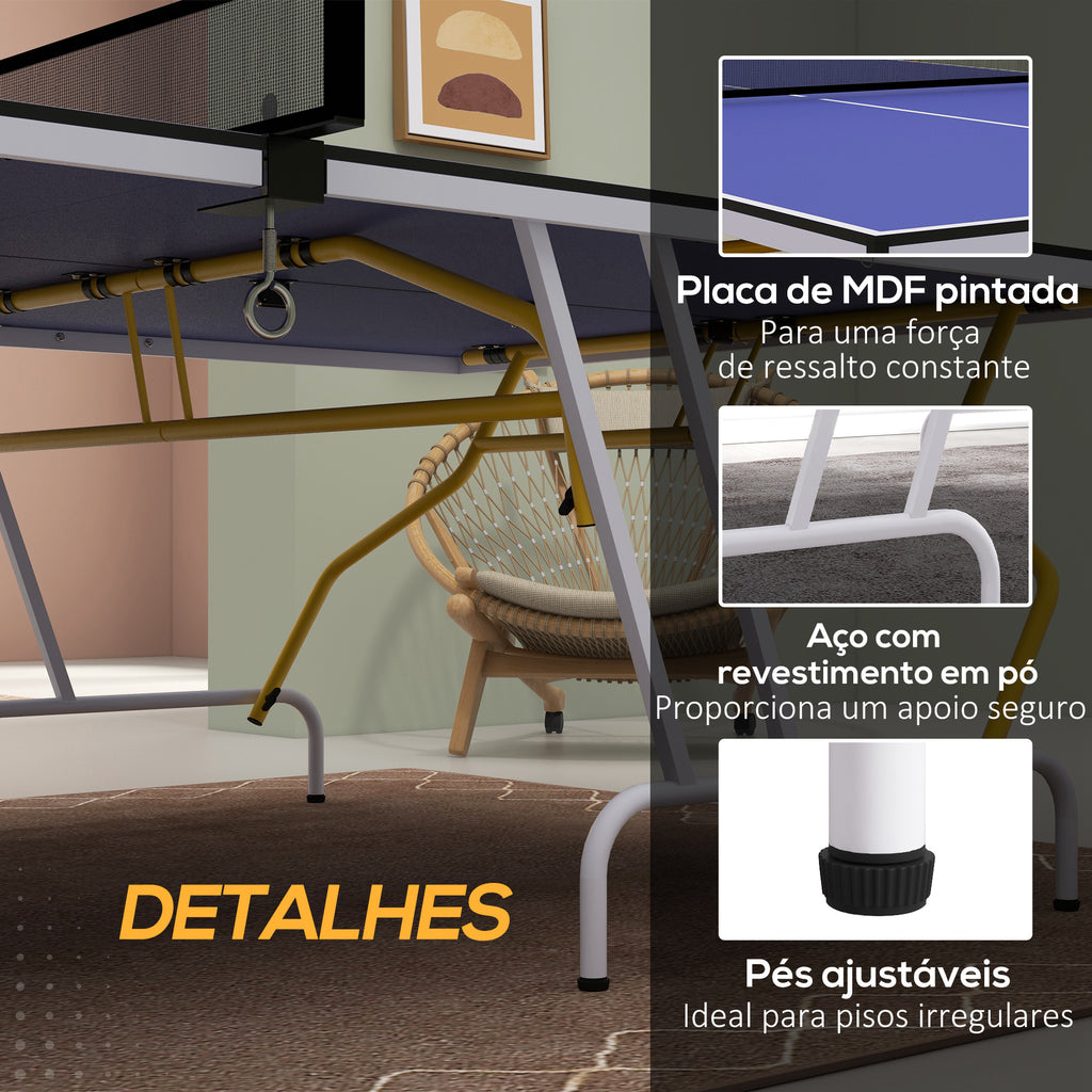 Mesa de Ping-Pong Dobrável Mesa de Ping-Pong Compacta com Rede Apoio para os Pés Ajustáveis e Estrutura de Aço para Interior e Exterior 274x152,5x76 cm Azul — foto 6