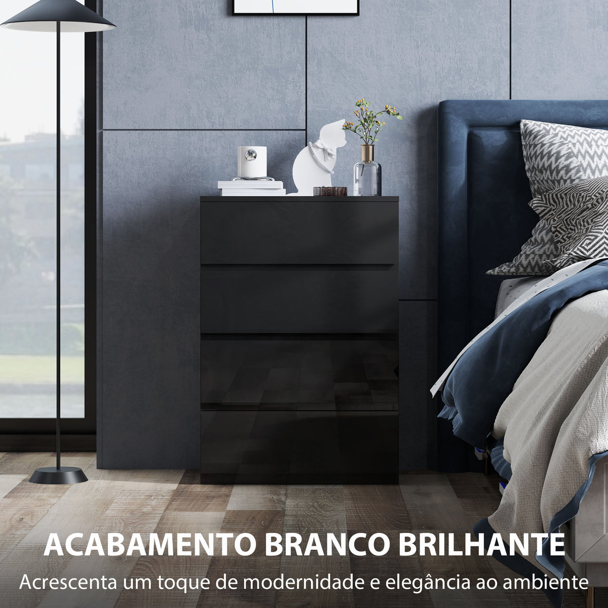 Cómoda com 4 Gavetas de Madeira Cómoda de Dormitório Cómoda Preta para Sala de Estar Estilo Moderno 55x34x80 cm Preto — foto 5