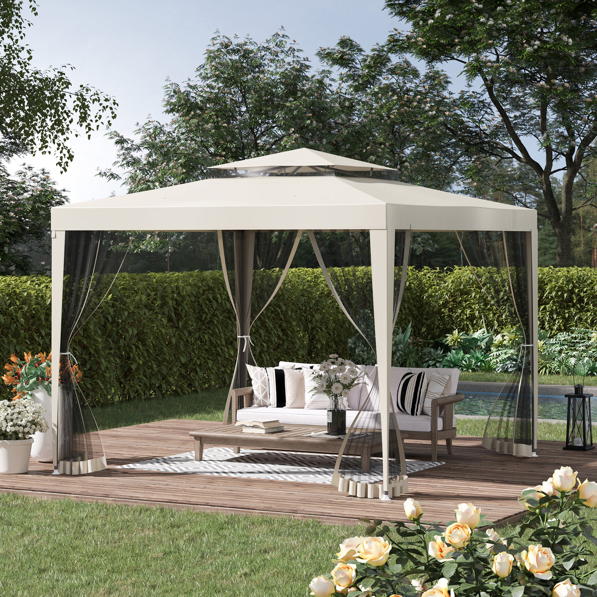 Pérgola de Jardim 3x3m Pérgola com 4 Redes Mosquiteiras Laterais com Zíper Teto de Ventilação e 8 Orifícios de Drenagem Pérgola para Terraço Pátio Exterior Bege — foto 2