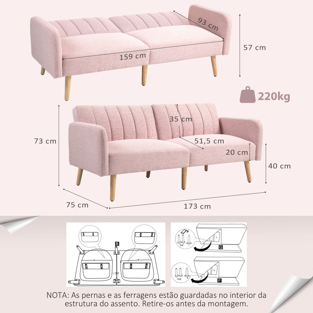 Sofá Cama de 2 Lugares com Encosto Ajustável em 3 Posições Apoio para os Braços Desmontável e Pés de Madeira Sofá Duplo Moderno para Sala de Estar Escritório 173x75x73 cm Rosa — foto 3