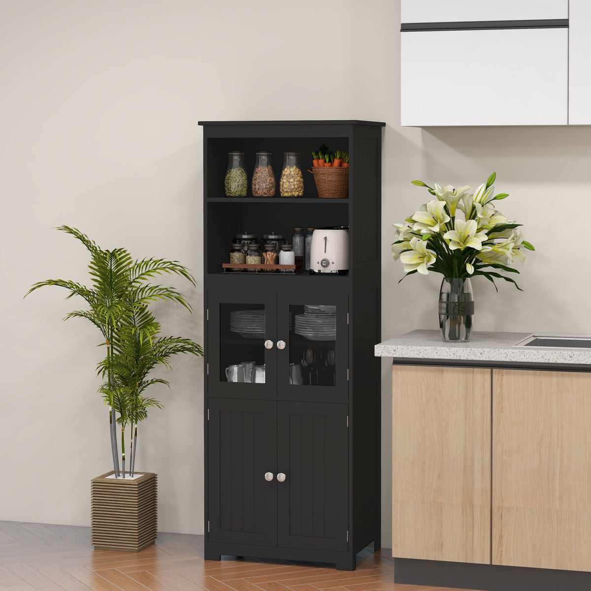 Armário de Cozinha com 2 Portas de Vidro Temperado 2 Prateleiras Abertas e Armário com Prateleira Ajustável para Sala de Estar 60x30x162 cm Preto — foto 2