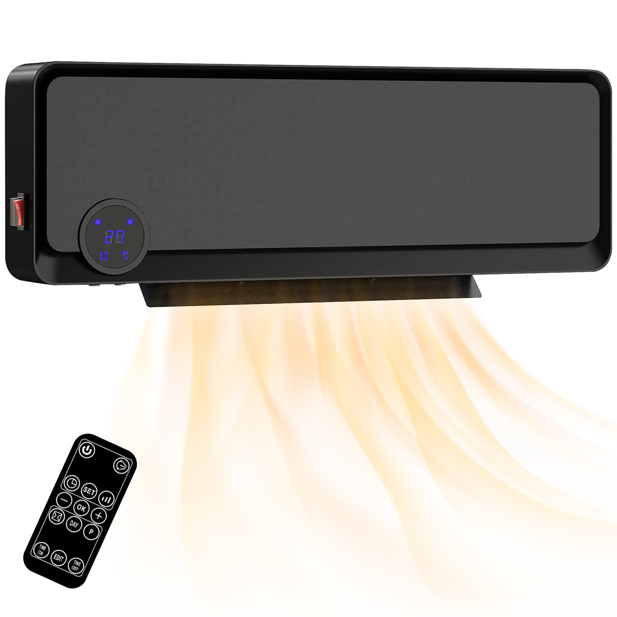 Aquecedor Cerâmico de Parede 1000W/2000W com Controle Remoto Tela LED Temporizador de 12h Termostato e Proteção contra Superaquecimento 56x18,5x11,7 cm Preto — foto 1