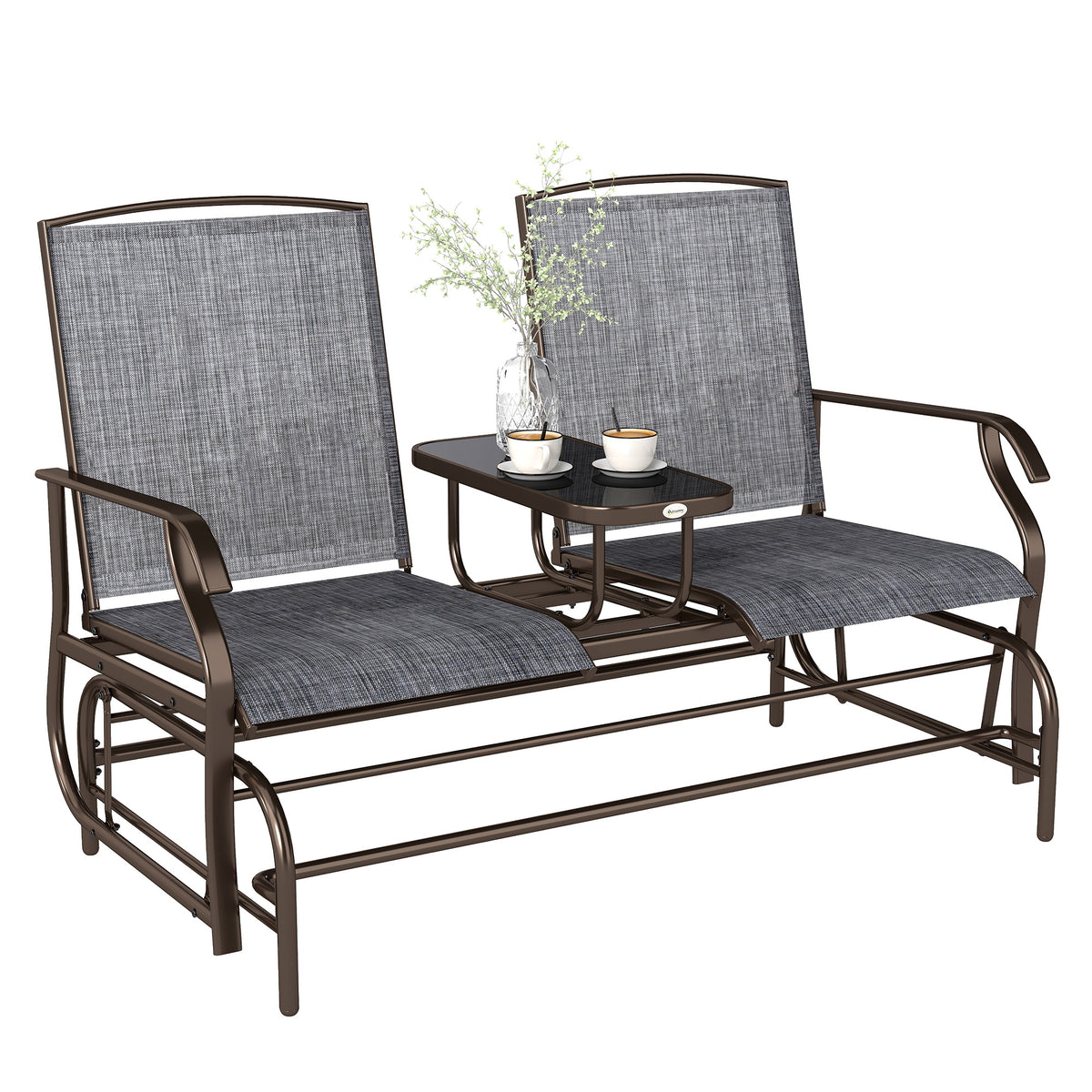 Banco Baloiço de 2 Lugares Banco Inclinável para Jardim Pátio em Tecido de Metal e Textilene 148x81x100cm Marrom e Cinza — foto 1