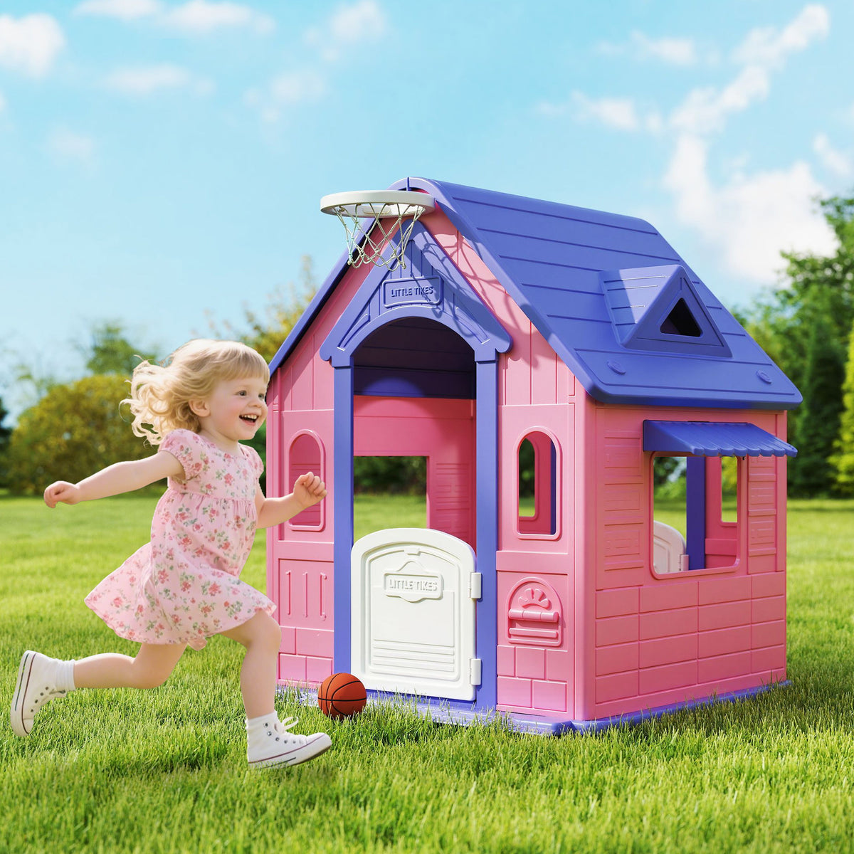 Casinha Infantil para Exterior e Interior 3 em 1 Casinha de Jardim com Lançamento de Aros e Basquetebol Casa de Jogos para Crianças de 2-5 Anos 132x118x124 cm Rosa e Roxo — foto 2