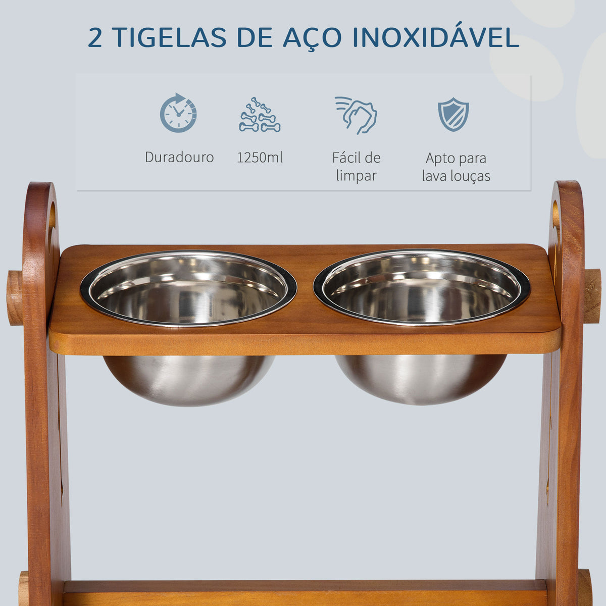 Comedouro Elevado para Cães com 2 Tigelas de 1250ml e Altura Ajustável em 4 Níveis Comedouro para Animais de Estimação com Tigelas de Aço Inoxidável e Base Antiderrapante 49x25x41cm Marrom — foto 5