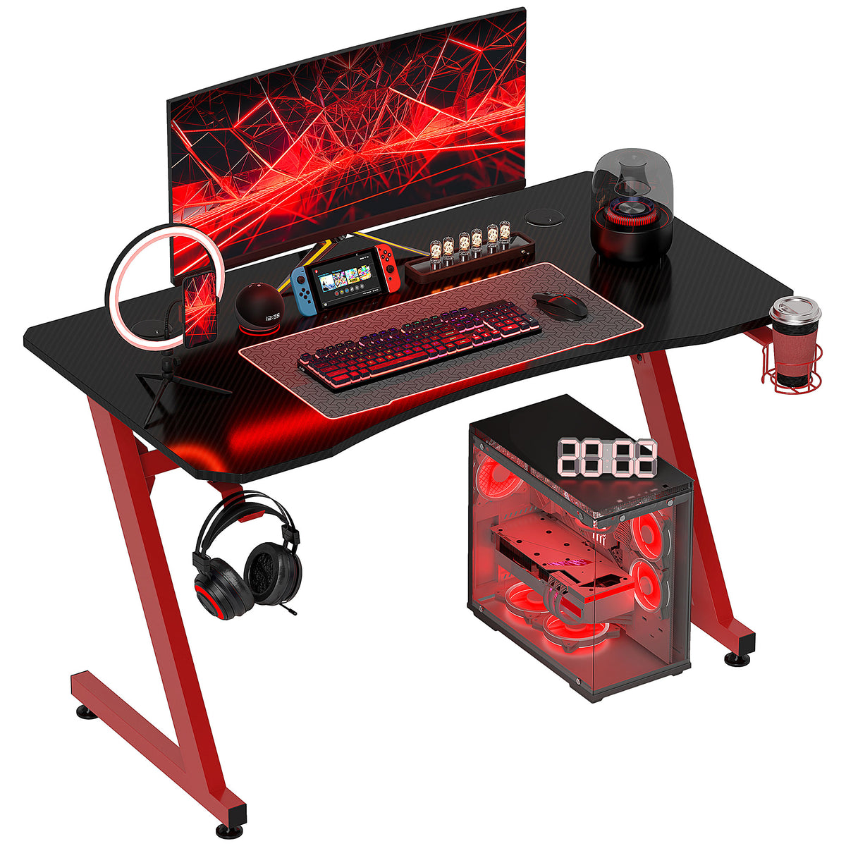Secretária Gaming 120x65x74,5cm Secretária Gaming para Computador com Suporte para Copos Gancho para Fones de Ouvido e Pés Ajustáveis com Efeito de Fibra de Carbono Preto e Vermelho — foto 1