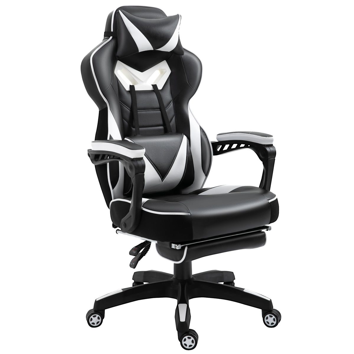 Cadeira de escritorio gaming ergonômica Altura ajustável Reclinável Encosto com apoio para pés Encosto de cabeça Almofada lombar Rodas 65x70x118,5-126,5 cm Branco e Preto — foto 1