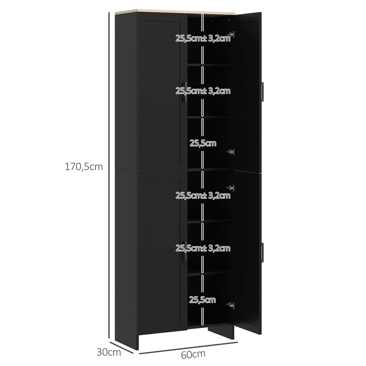 Armário de Cozinha Armário de Armazenamento Cozinha com 4 Portas e Prateleiras Ajustáveis Anti-Tombo 60x30x170,5 cm Preto — foto 3