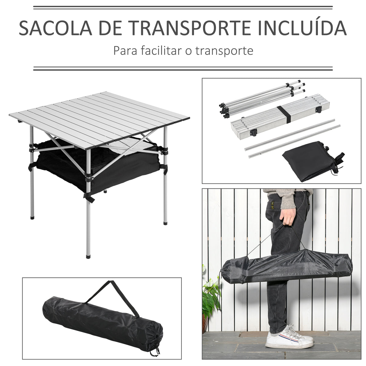 Mesa Dobrável de Campismo Mesa de Piquenique com Armazenamento e Bolsa de Transporte 70x70x69 cm Prata e Preto — foto 5