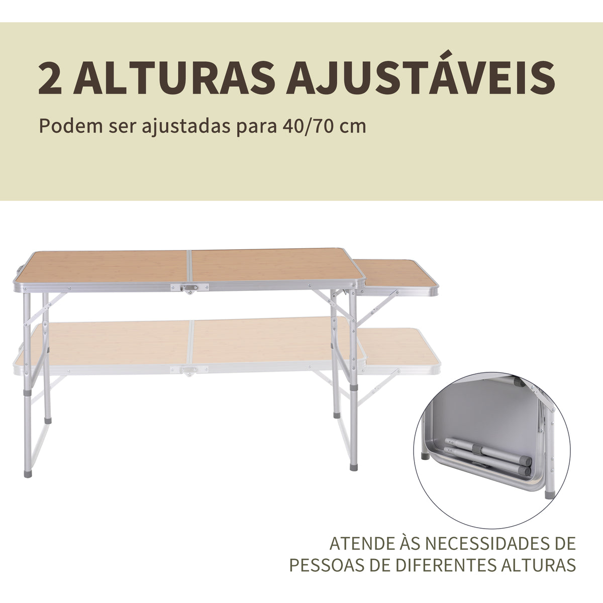 Mesa de acampamento dobrável com asa dobrável Mesa de piquenique leve em estrutura de alumínio Carga 30kg Altura ajustável 120x60x40 / 70 cm — foto 5