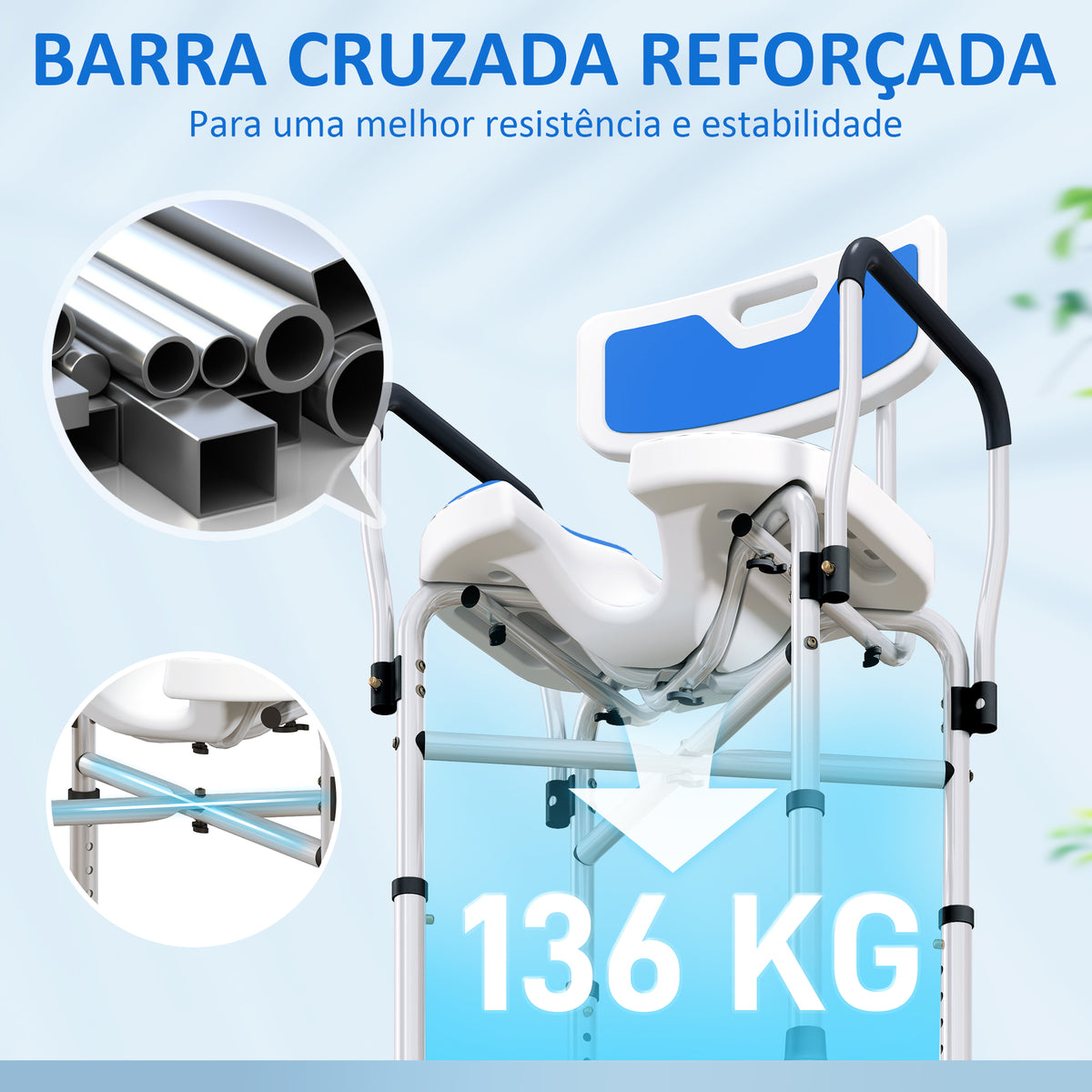 Assento de Duche para Pessoas Idosas Assento de Duche com Assento Ranhurado Altura Ajustável Banco de Duche Antiderrapante com Encosto e Apoio para os Braços Carga 136 kg Azul — foto 6