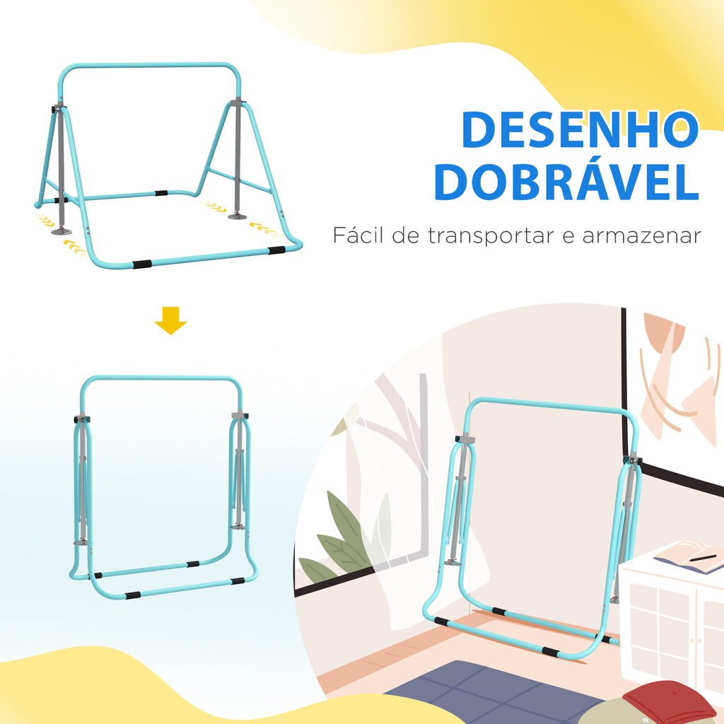 Barra de Ginástica Artística Barra Horizontal Dobrável com Altura Ajustável Equipamento de Ginástica para Treino em Casa para Crianças 154x106,2x88,5-128,5 cm Azul Celeste — foto 6