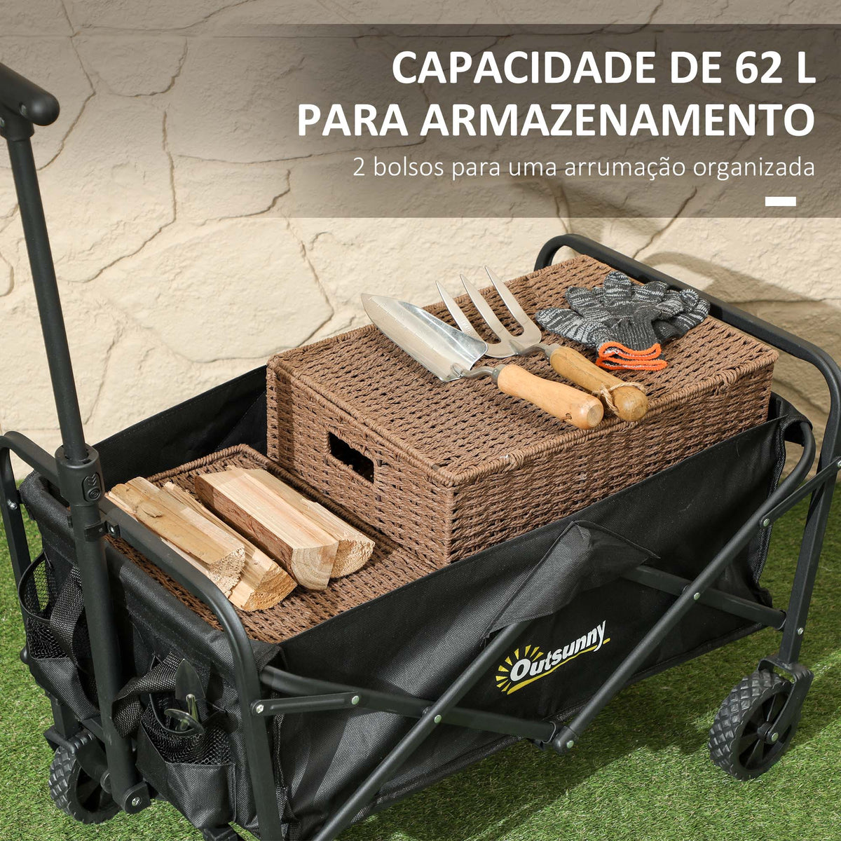 Carrinho de Transporte com Rodas Carrinho de Jardim Dobrável com Pega Telescópica Ajustável 2 Bolsas de Arrumação Carrinho de Praia Jardim Campismo Carga 120 kg 64x42x27 cm Preto — foto 4
