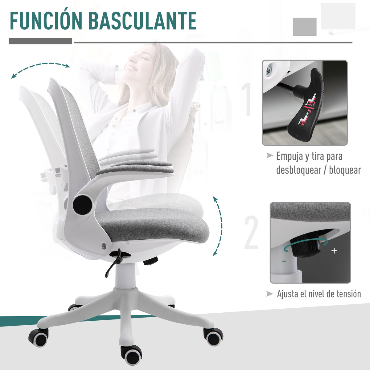 Cadeira de Escritório Giratória Função de Inclinação Altura Ajustável Ergonômica com Apoio de Braço Elevavel Carga 120 kg 62,5x60x94-104cm Cinza — foto 5