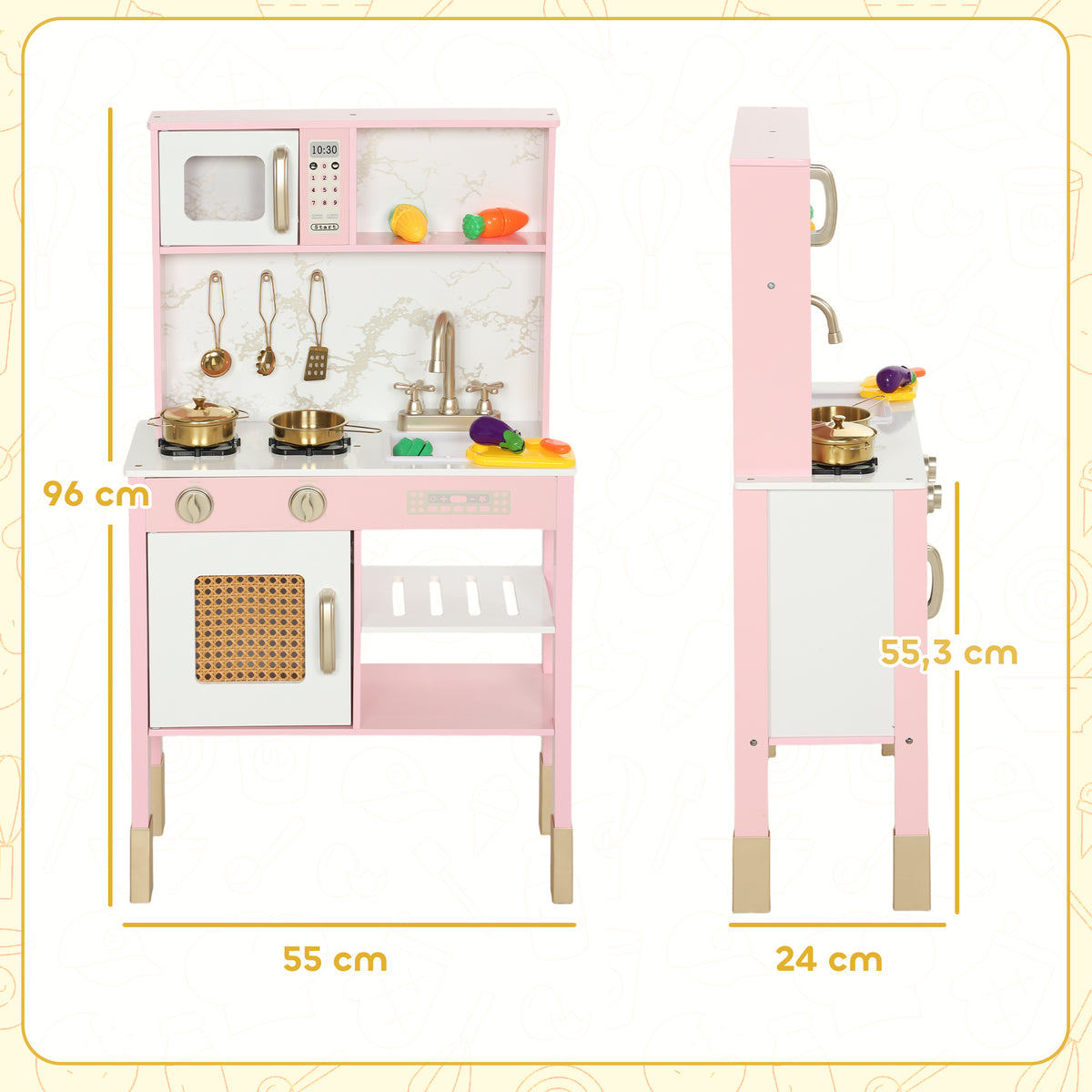 Cozinha de Brincar em Madeira com Som Cozinha Infantil com Acessórios em Aço Inoxidável Micro-Ondas Forno Lava-Loiças Legumes para Cortar para Crianças a Partir de 3 Anos 55x24x96 cm Rosa — foto 3
