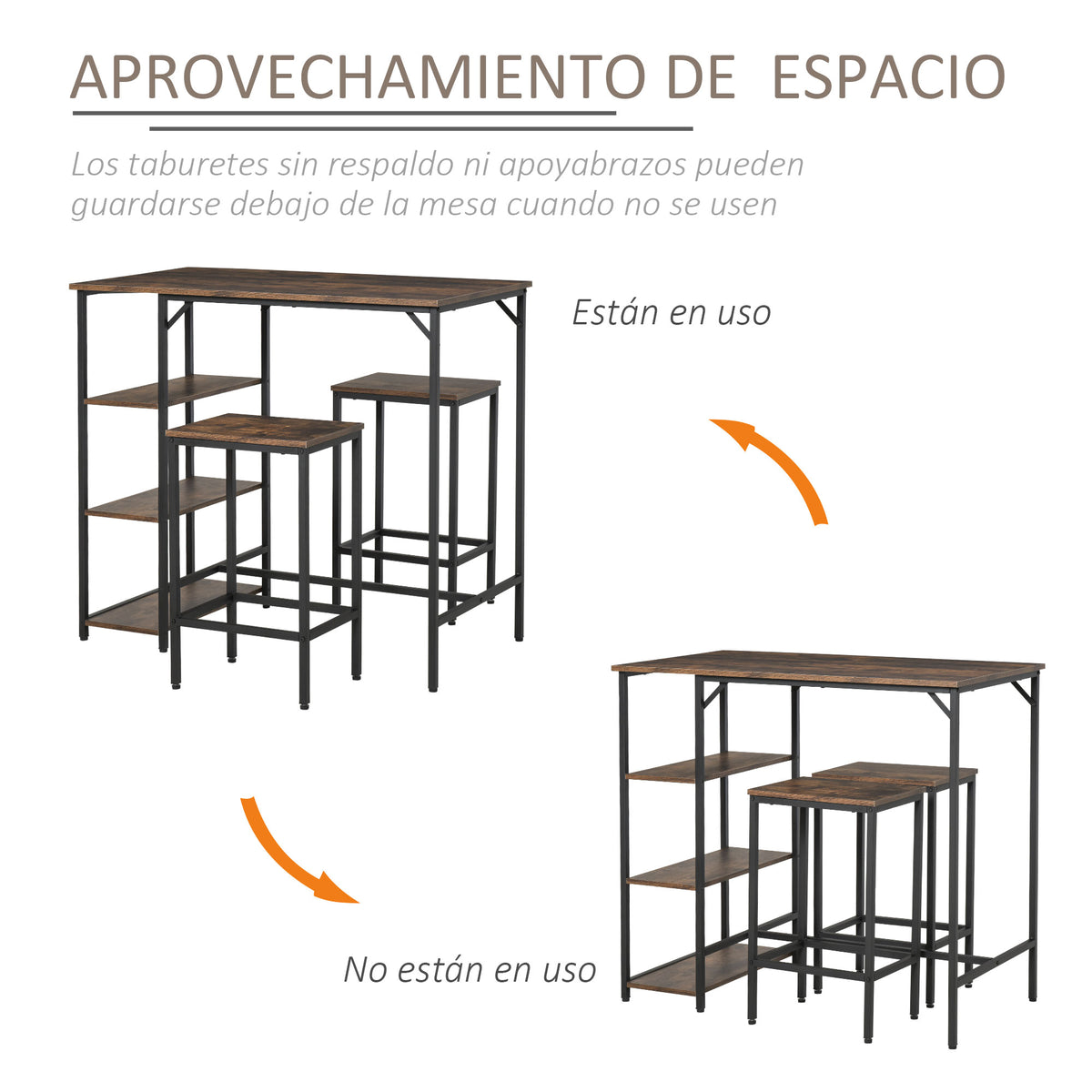 Conjunto de mesa de bar e 2 bancos com apoio para os pés e prateleiras de 3 níveis Almofadas ajustáveis ​​para cozinha 109x60x100 cm marrom rústico — foto 4