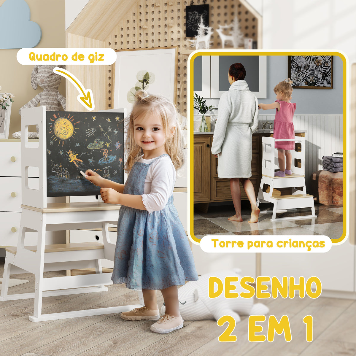 Torre de Aprendizagem 2 em 1 Torre de Aprendizagem para Crianças acima de 3 Anos com Ardósia e Barreira de Segurança para Casa de Banho Cozinha 55x52,5x87,5 cm Branco — foto 5