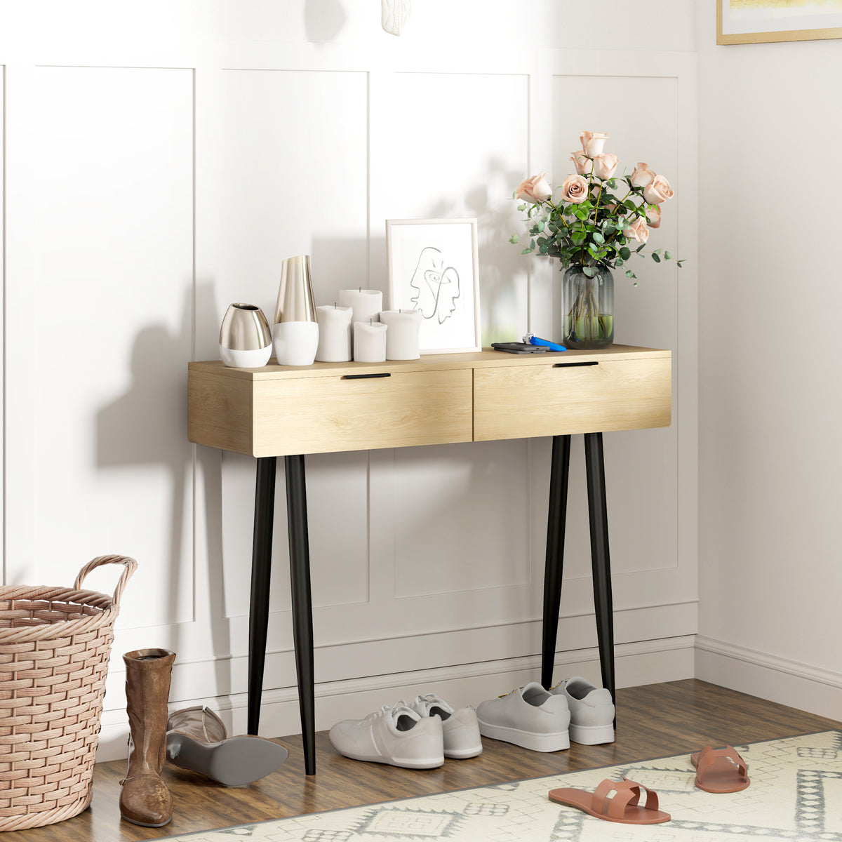 Mesa Consola Móvel para Entrada com 2 Gavetas e Pés de Aço Consola para Entrada Corredor 100x30x80,5 cm Carvalho — foto 2