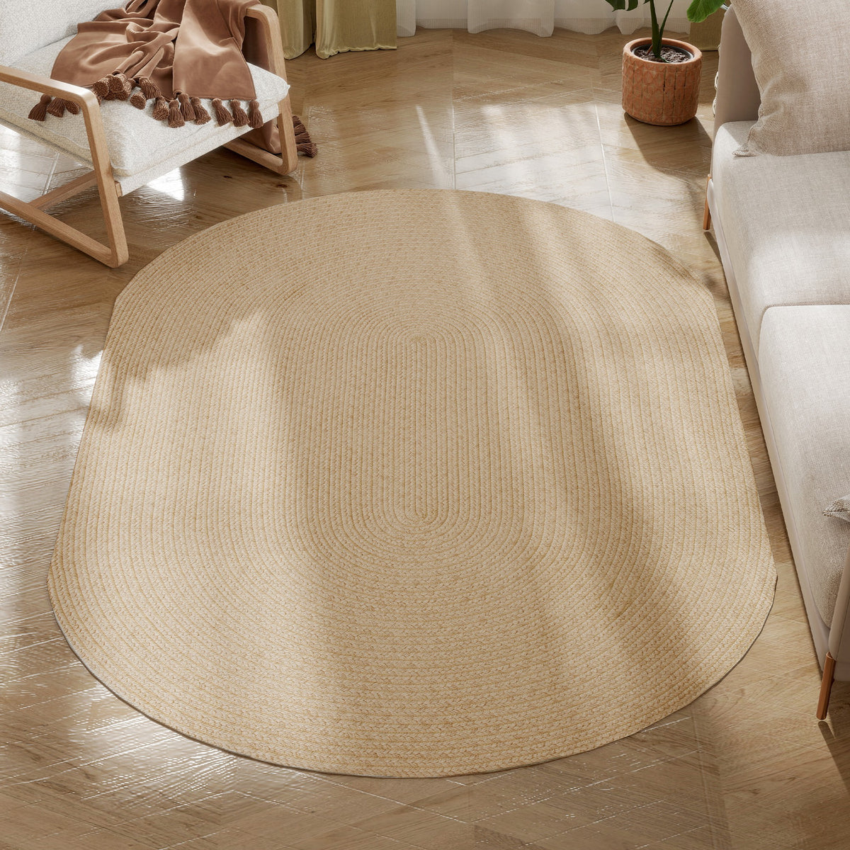 Tapete Oval para Sala de Estar 170x120 cm Tapete Lavável à Máquina Tecido à Mão Estilo Rústico Tapete para Sala de Estar Quarto Sala de Jantar Bege — foto 1
