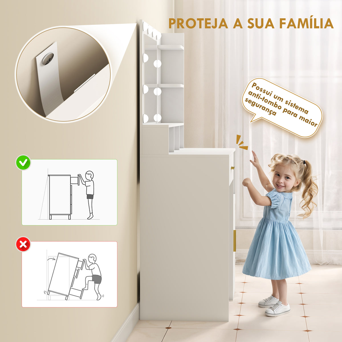 Toucador de Maquilhagem com Luzes LED e Banco Toucador com Espelho 10 Lâmpadas LED Gaveta Prateleiras Compartimentos Abertos para Quarto Closet Branco — foto 7