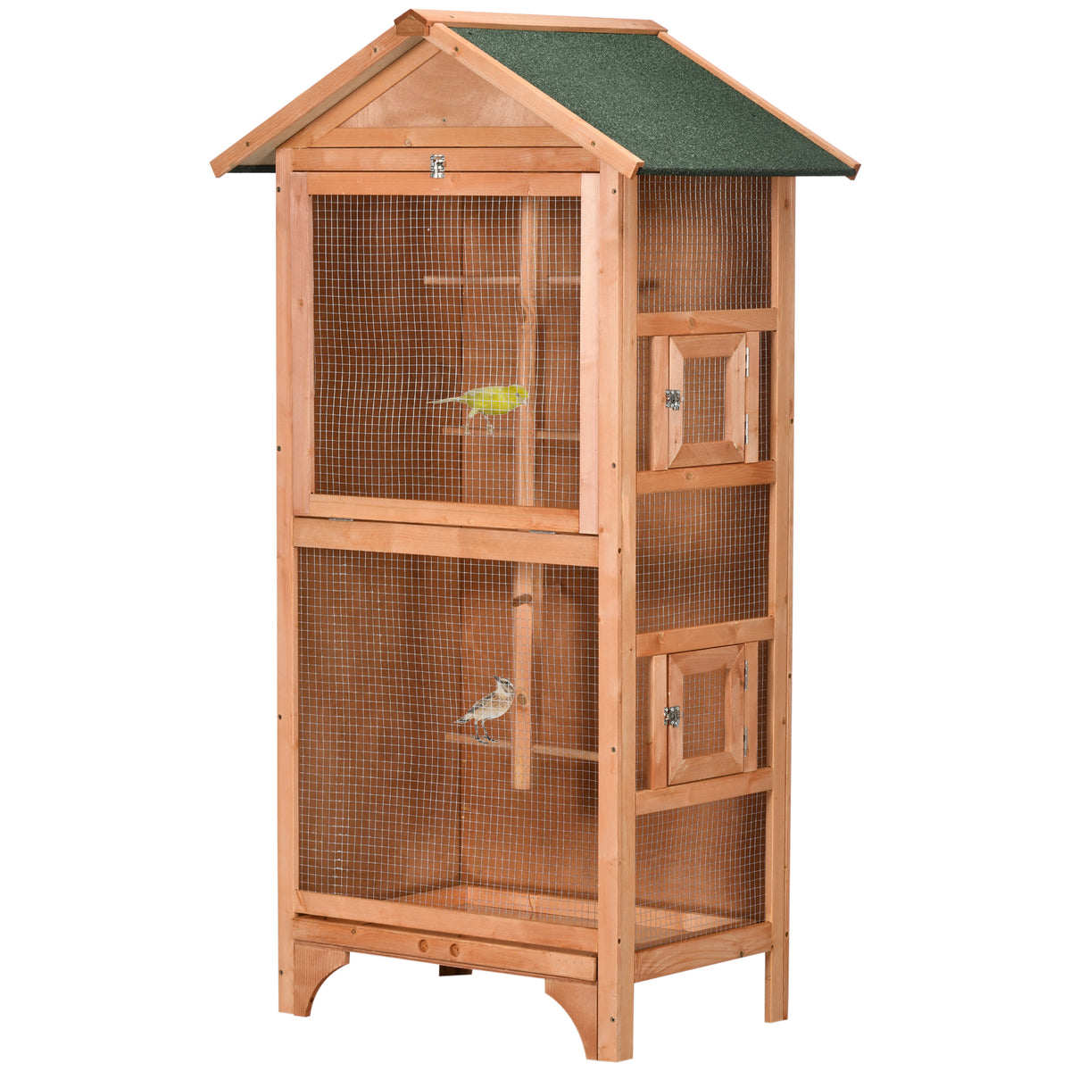 Gaiola para Pássaros Gaiola para Pássaros de Madeira com 3 Portas 4 Poleiros Bandeja Amovível e Teto Asfáltico 80,5x57x153 cm Natural — foto 1