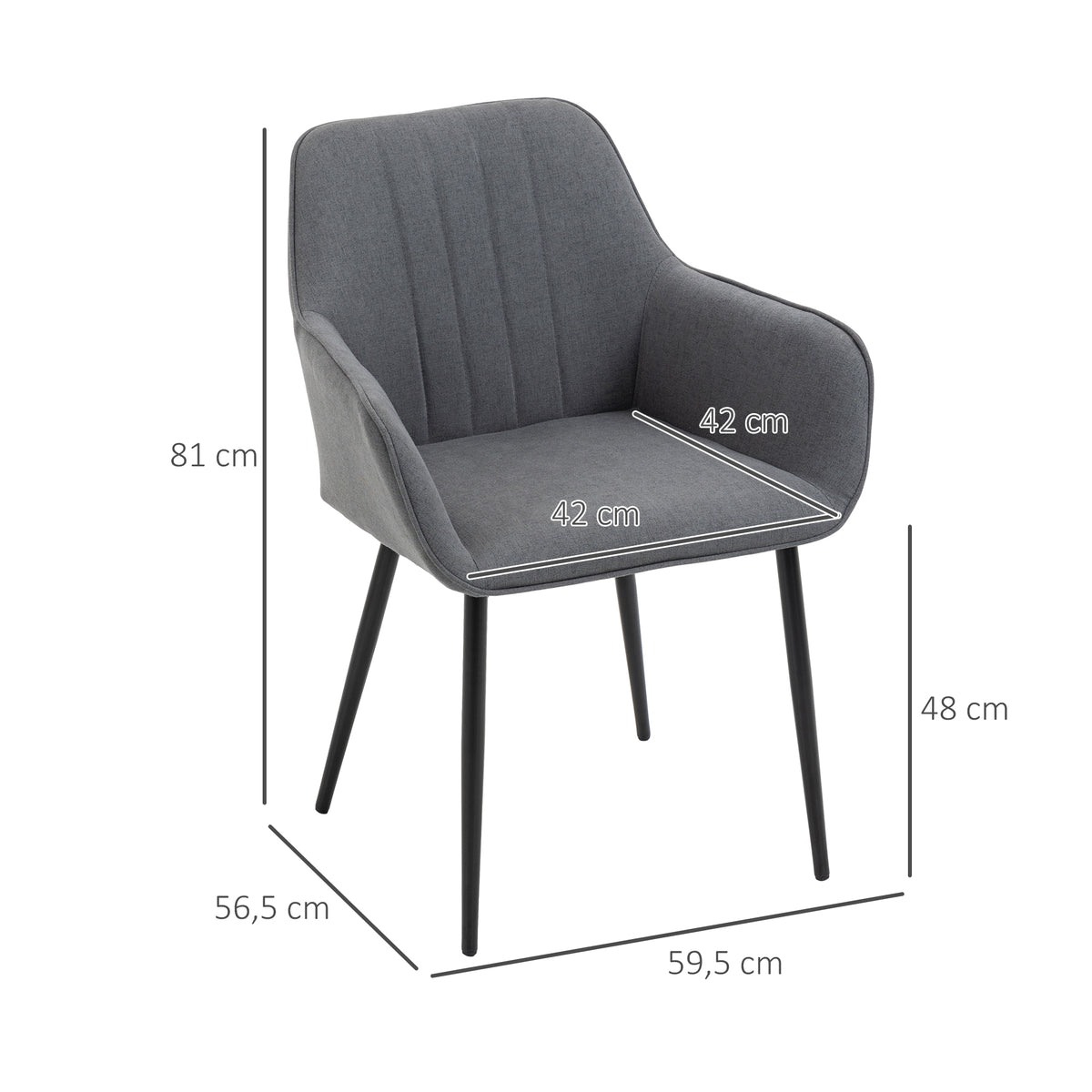 Conjunto de 2 Cadeiras de Sala de Jantar Estofadas em Linho Cadeiras de Cozinha com Encosto Apoio para os Braços e Pés de Metal 59,5x56,5x81 cm Cinza — foto 3