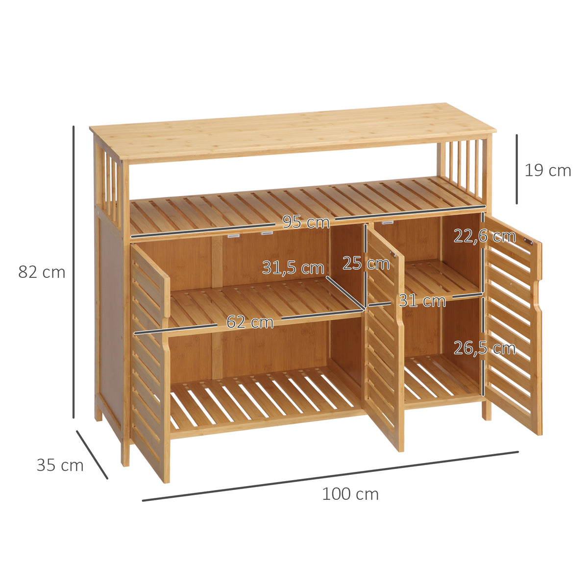 Aparador de 3 Portas Ranuradas Aparador para Sala de Estar em Bambu com Prateleiras para Sala de Jantar Cozinha Entrada 100x35x82 cm Madeira — foto 3