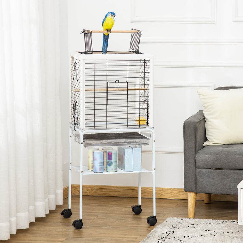 Gaiola para Passáros com Suporte Desmontável Gaiola com 4 Rodas Teto com Abertura 2 Comedouros 2 Poleiros e Bandeja para Periquitos Canários 47x35x106,5cm Branco — foto 2