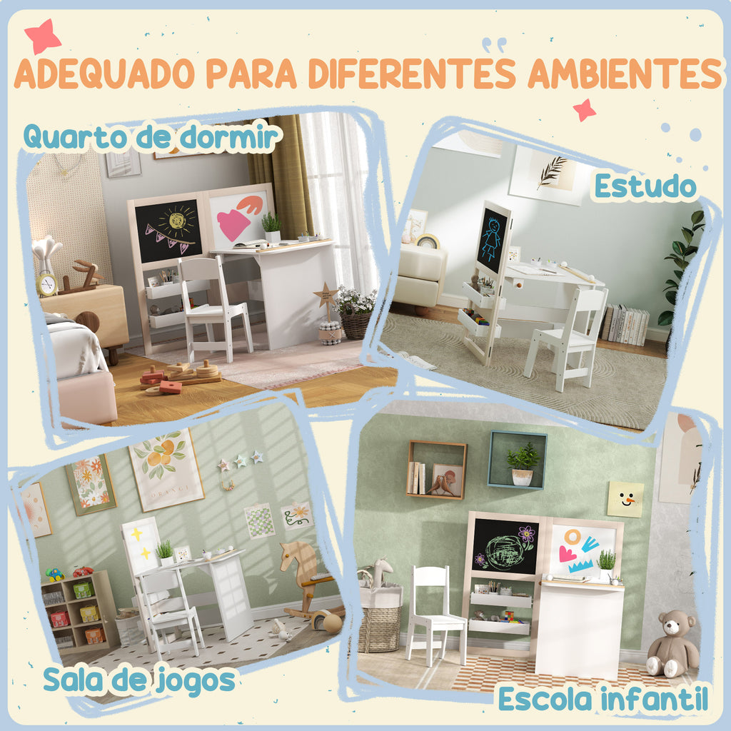 Mesa e Cadeira Infantil de 2 Peças Mesa para Crianças com Cadeira Ardósias Dobrável Mesa para Crianças acima de 3 Anos com Prateleiras Rolo de Papel para Dormitório Sala de Jogos Branco — foto 8