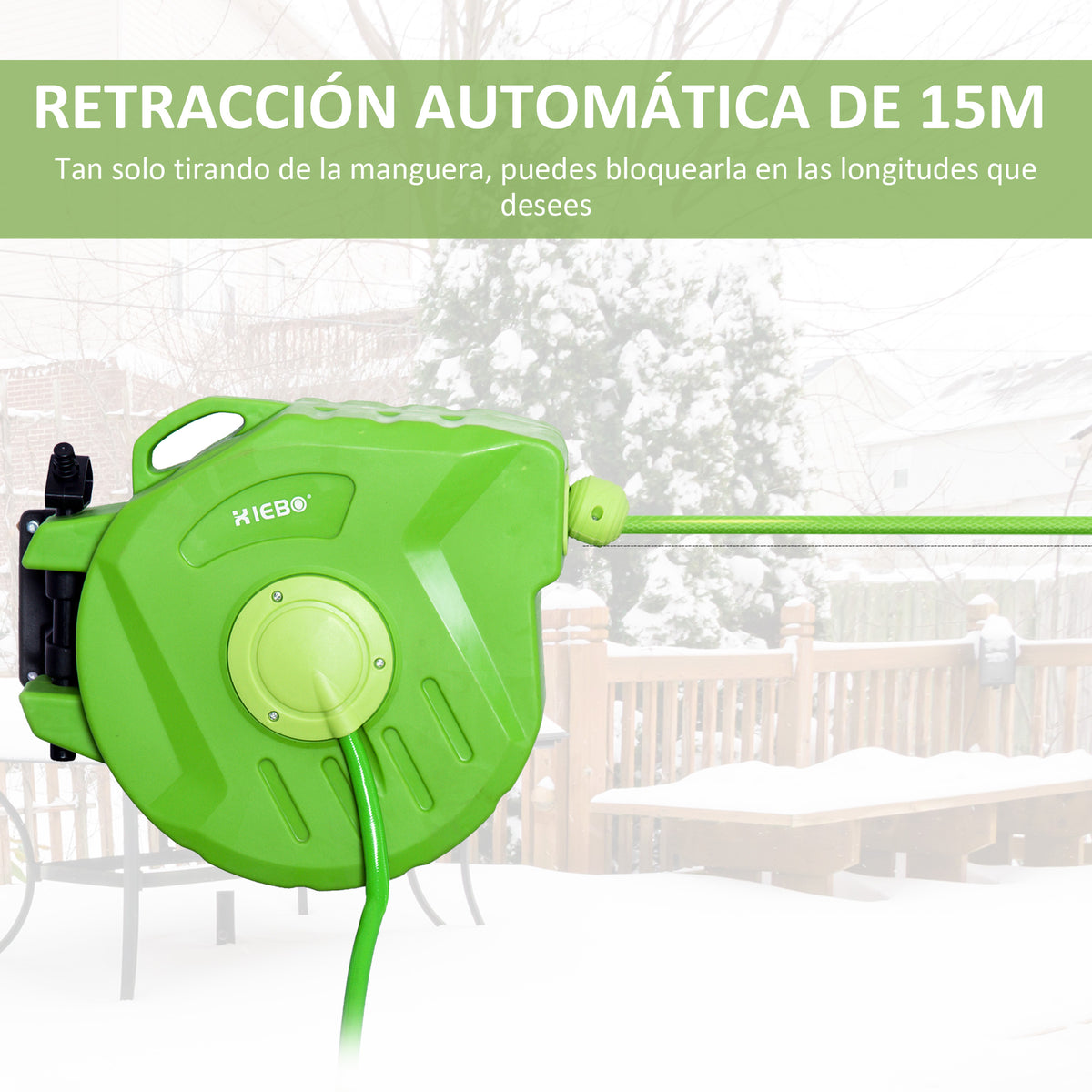 Carretel para Mangueira 15m+1,5m Enrolador de Mangueira Montado na Parede Enrolador Automático 180º Giratório 47,5x15,5x35,5cm Verde — foto 5
