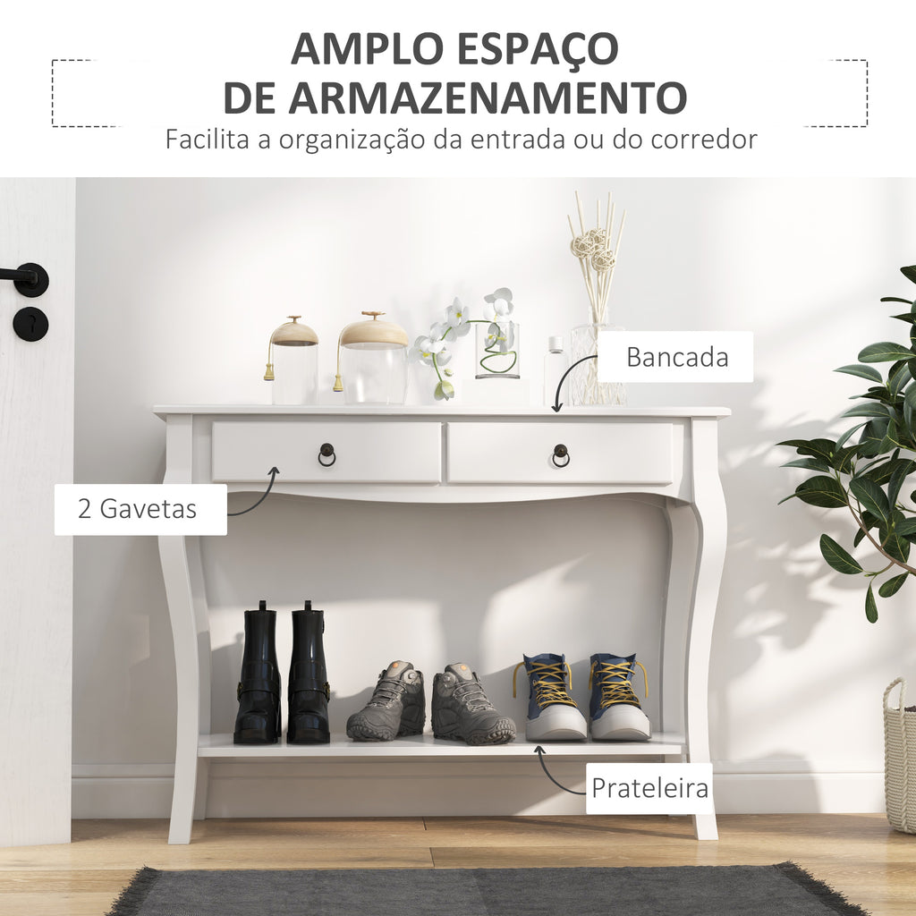 Mesa Tipo Consola para Sala de Estar Consola para Entrada com 2 Gavetas e Prateleira Inferior 100x33x75cm Branco — foto 4