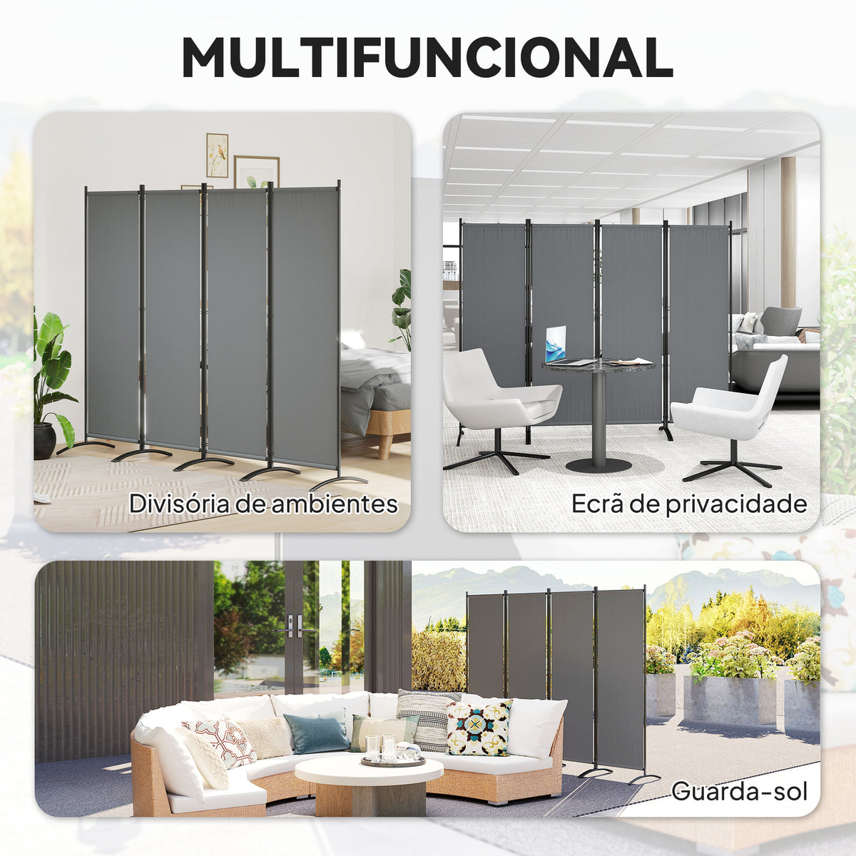 Biombo Separador de Ambientes de 4 Painéis Biombo Dobrável 221x172 cm com Pés Largos Biombo Exterior para Terraço Pátio Jardim Cinza Escuro — foto 4