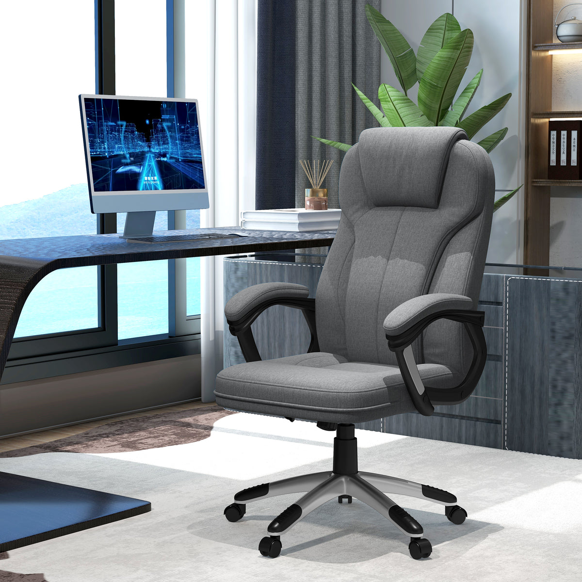 Cadeira de Escritório Giratória Cadeira de Escritório Ergonómica com Altura Ajustável Apoio para os Braços e Encosto Acolchoado de Linho Sintético 66x75x110-120 cm Cinza — foto 2