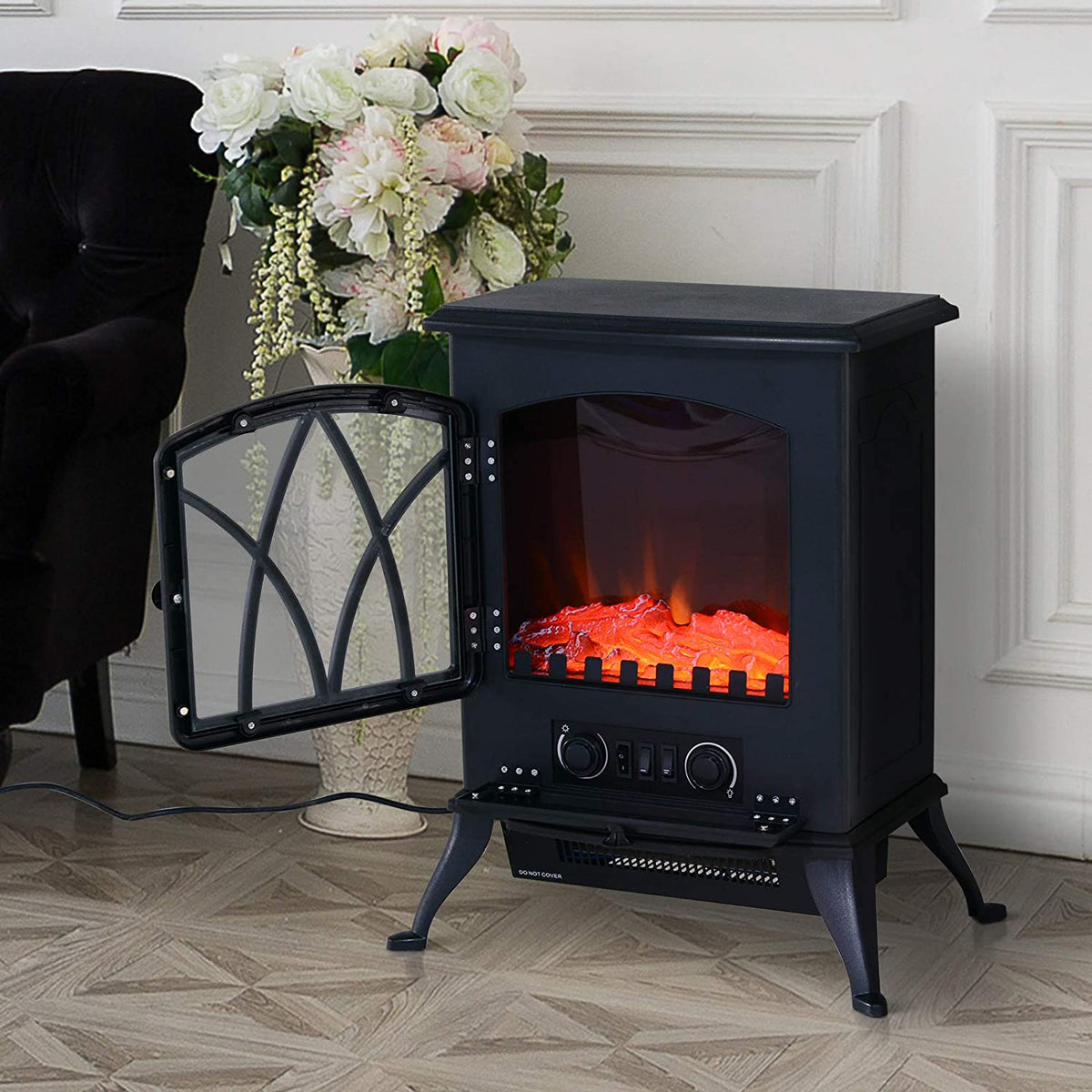 Lareira Elétrica Portátil Lareira Elétrica com Efeito de Chama Realista Potência 1000W/2000W 45x28,5x54cm Preto — foto 2