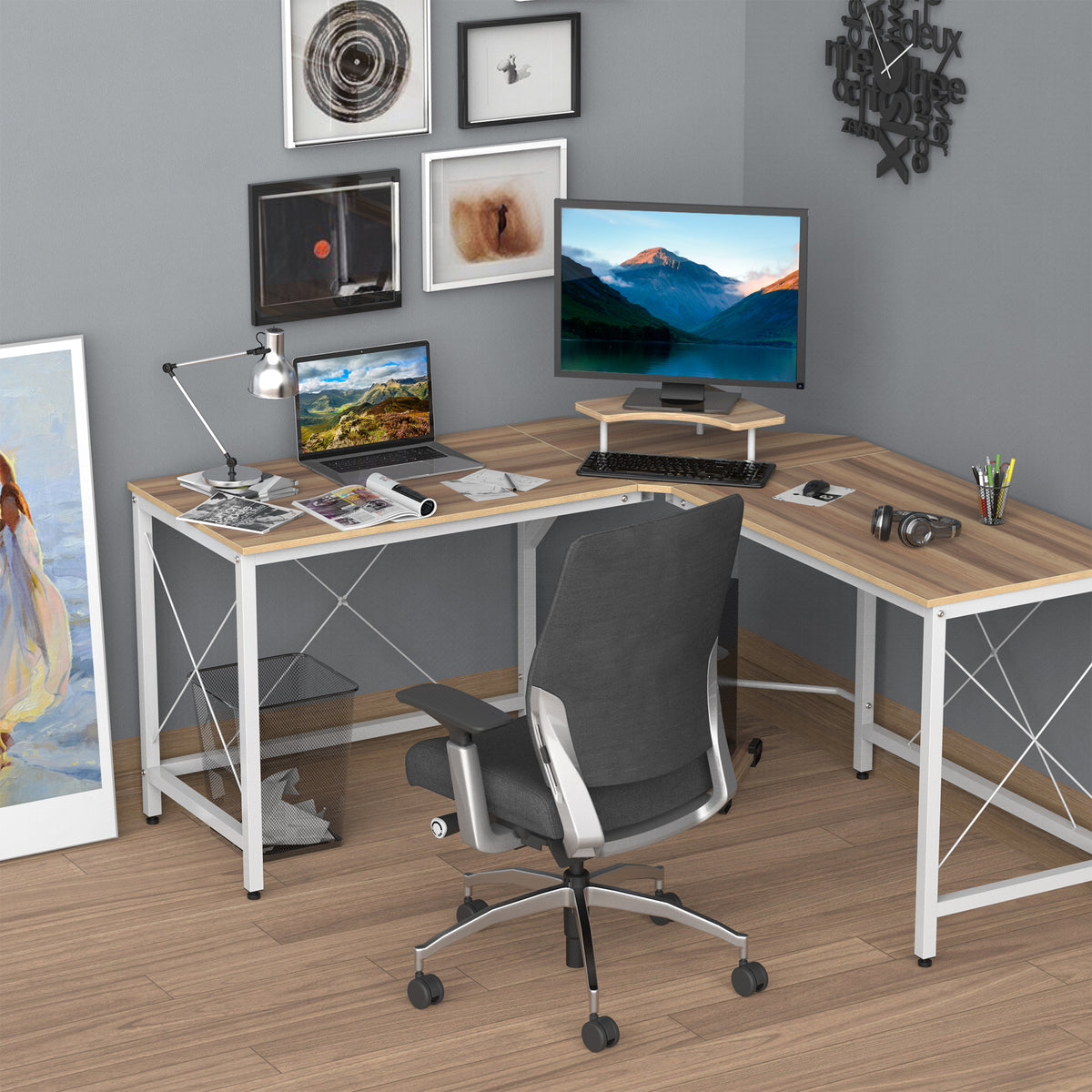 Secretária de Escritório em Forma de L Secretária com Suporte para CPU e Estrutura de Reforço em Forma de X 150x150x76cm Madeira e Branco — foto 2