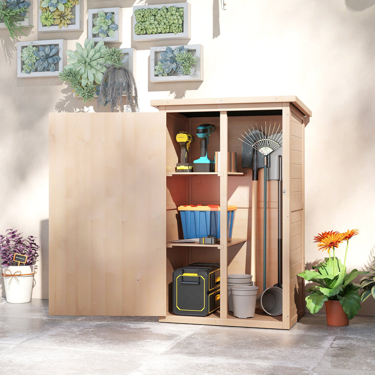 Armário de Jardim de Madeira 75x56x115cm Armário de Jardim para Ferramentas com 3 Prateleiras Interiores Porta com Trava e Teto Asfáltico Madeira — foto 2