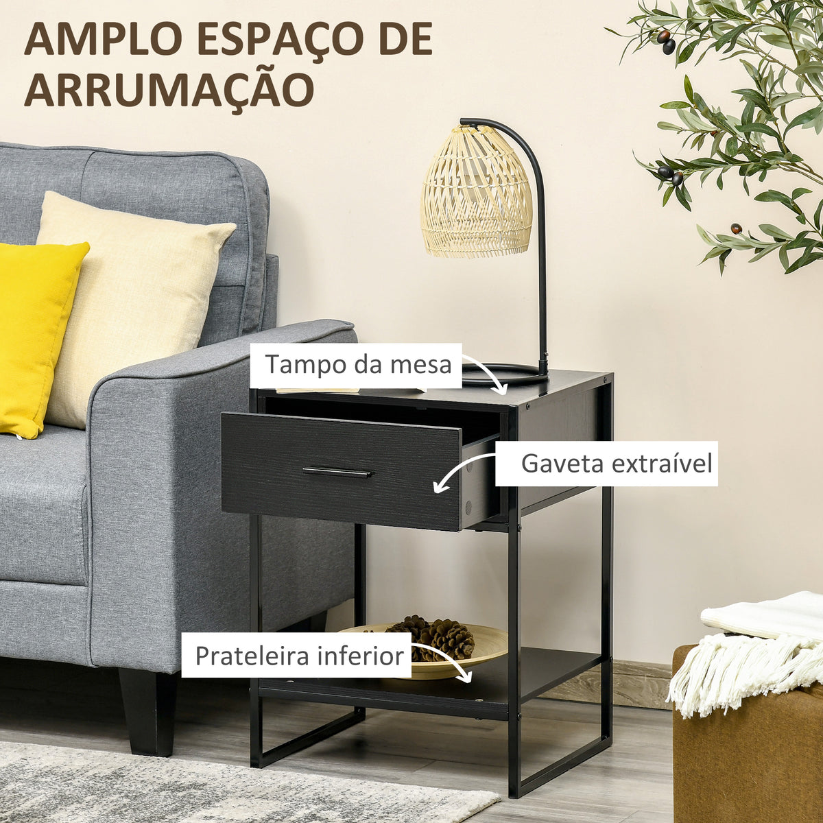 Mesa de Cabeceira Mesa Auxiliar com 1 Gaveta e Prateleira de Armazenamento para Dormitórios Sala de Estar Escritório Estilo Moderno 45x40x60cm Preto — foto 5