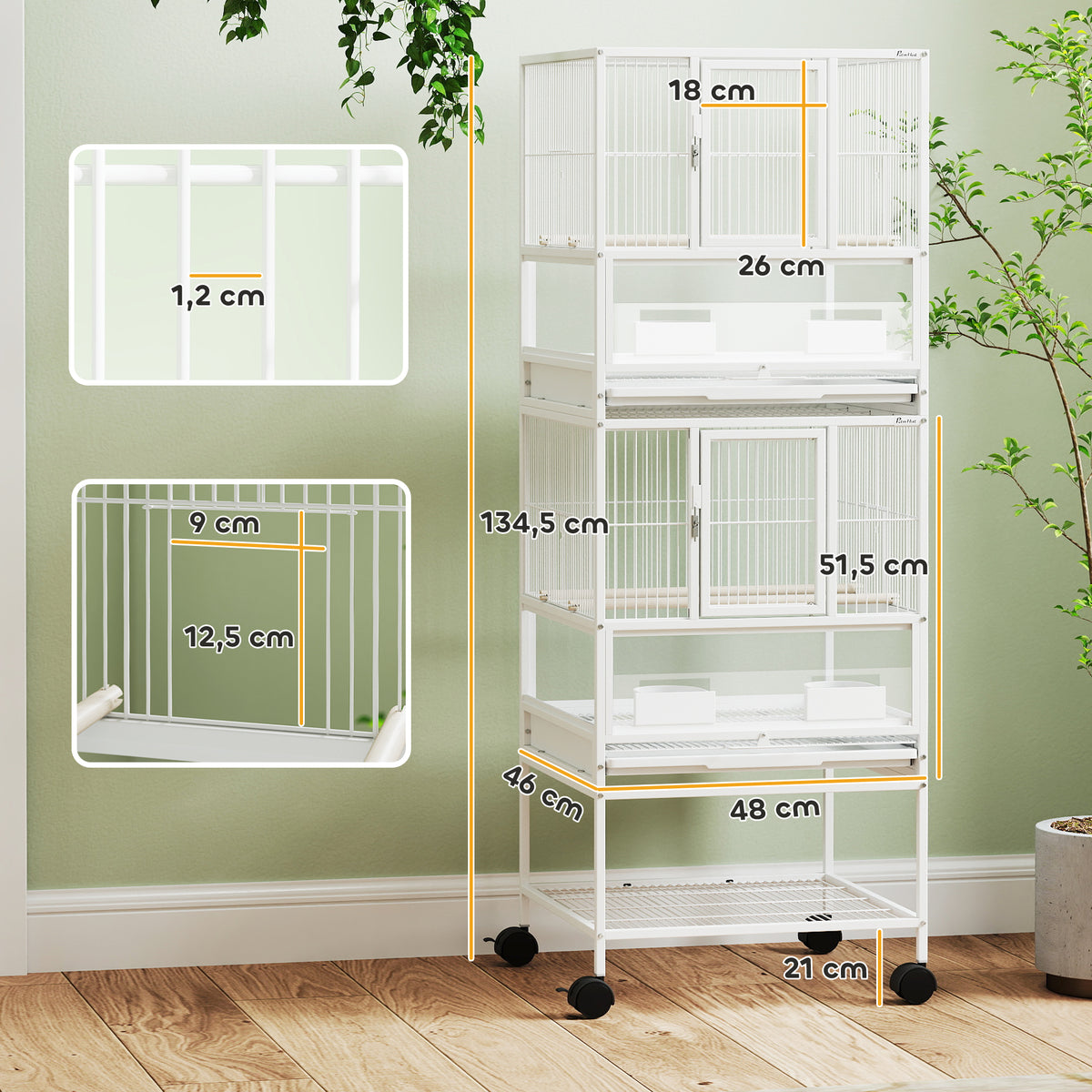 Gaiola para Pássaros Gaiola Grande de 2 Níveis com Rodas Painéis Acrílicos Comedouros Poleiros Prateleira Bandejas Amovíveis Gaiola para Papagaios Canários 48x46x134,5 cm Branco — foto 3