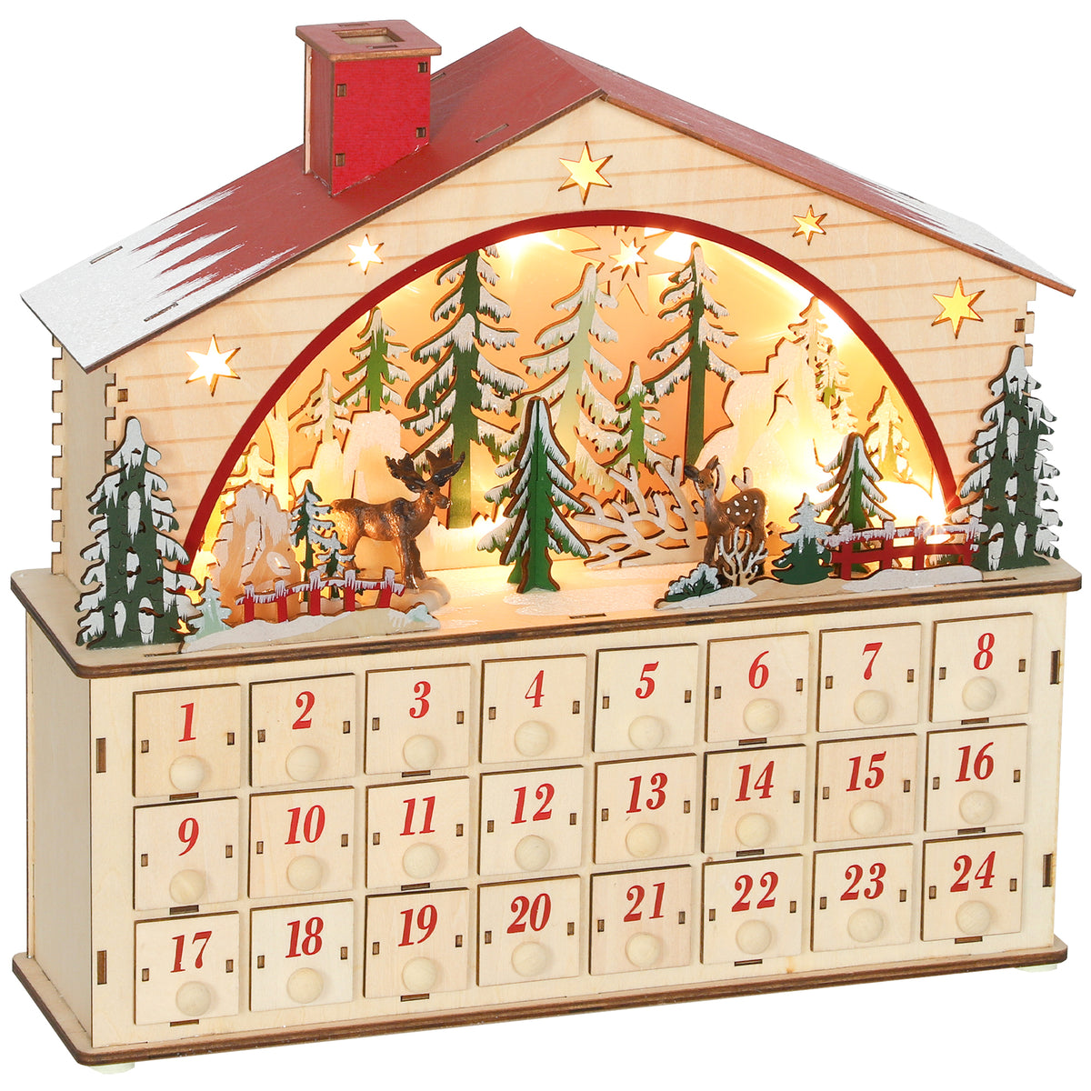 Calendário do Advento em Madeira com Luzes LED e 24 Gavetas Calendário do Advento de Natal com Cena de Vila Decoração Natalícia 36x10x34 cm Madeira e Vermelho — foto 1