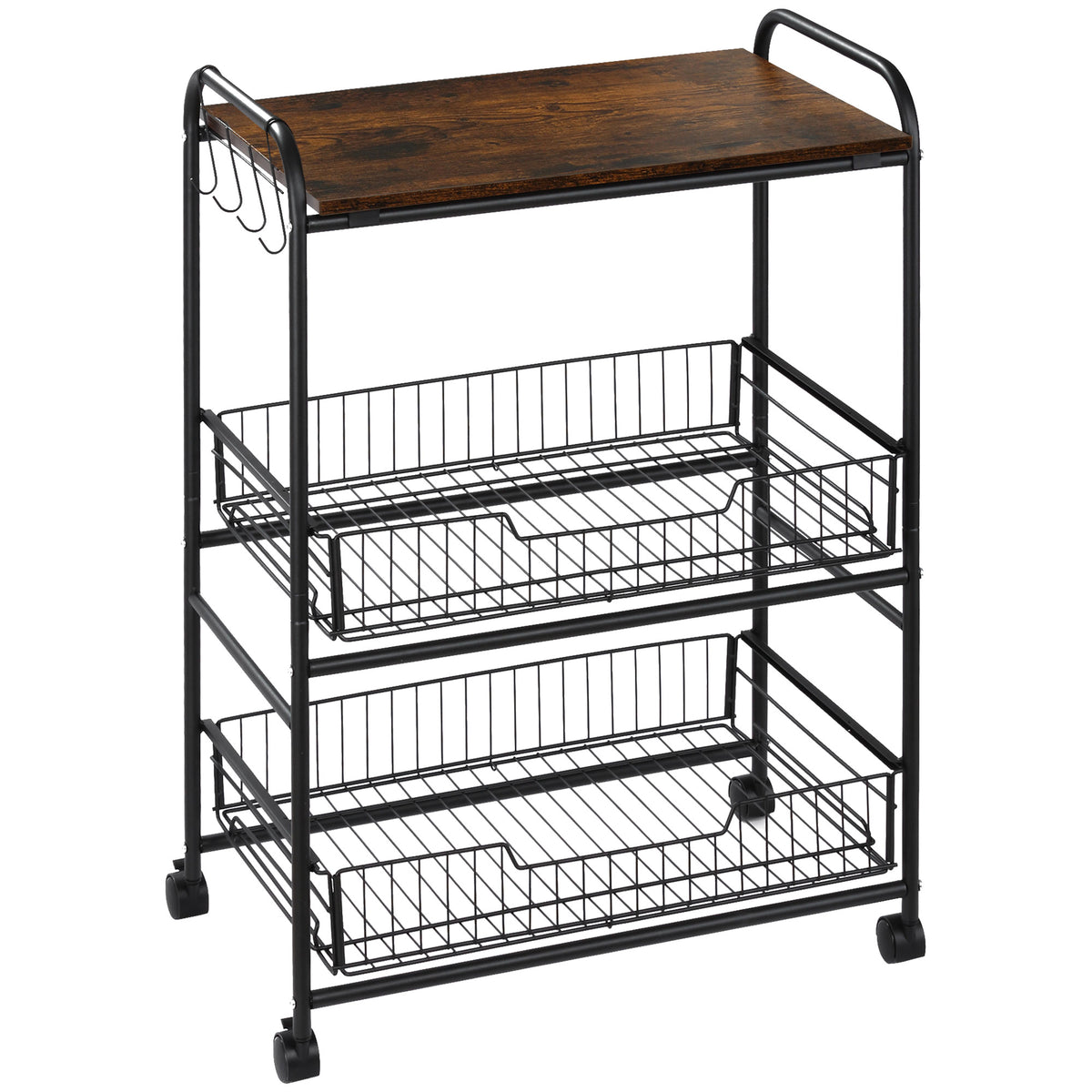 Carrinho de Cozinha com Rodas Carrinho Auxiliar de 3 Níveis com 2 Cestas e 4 Ganchos para Cozinha Sala de Jantar 60x38x85,5 cm Castanho Rústico — foto 1