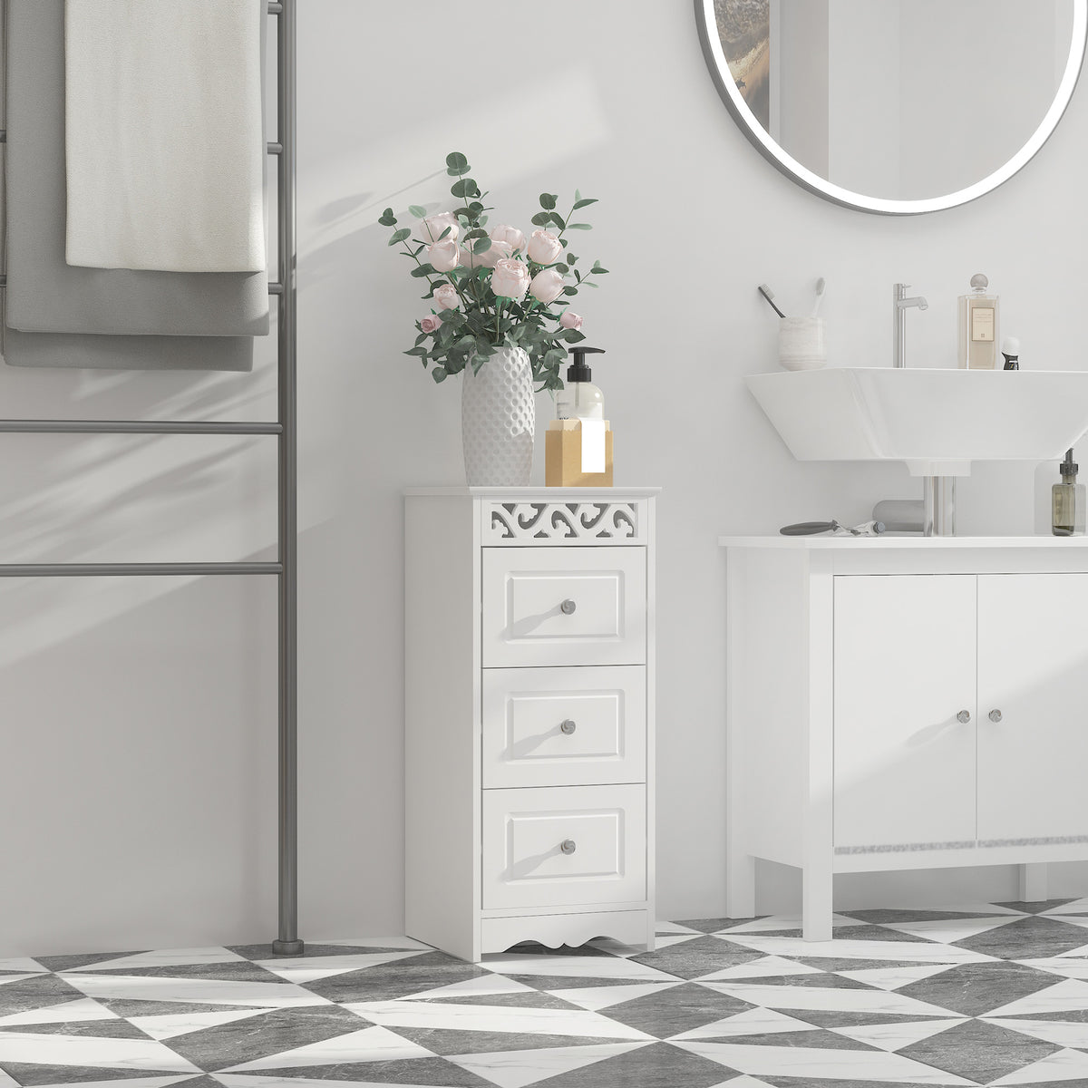 Armário Auxiliar Casa de Banho com 3 Gavetas Armário Multifuncional Móvel de Armazenamento para Casa de Banho Cozinha Dormitório 29,8x29,8x68,5 cm Branco — foto 2